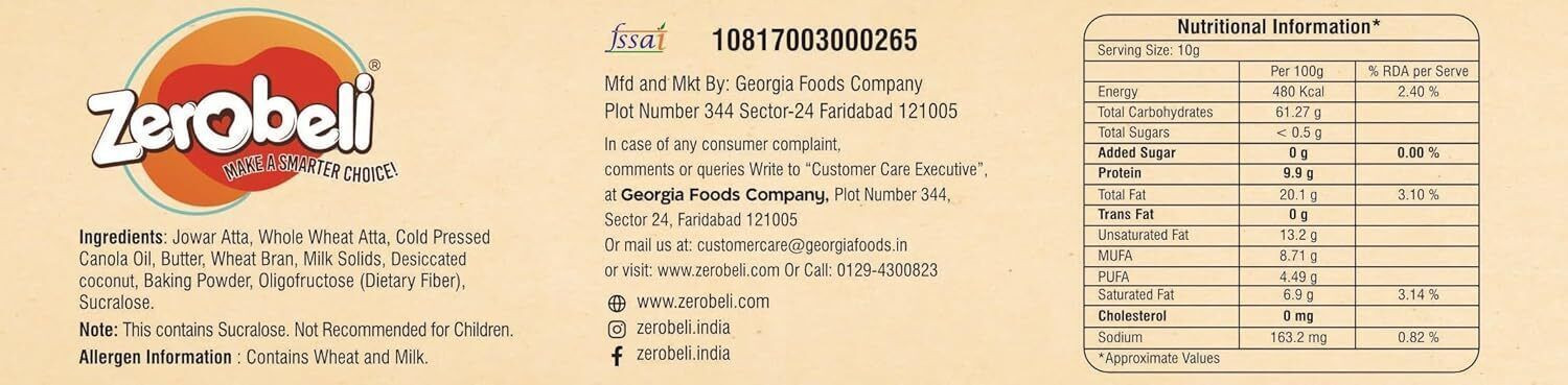 Image of Zerobeli Sugar Free Jowar Atta Cookies | No Maida and Palm Oil | Diabetic Friendly Bakery Biscuit