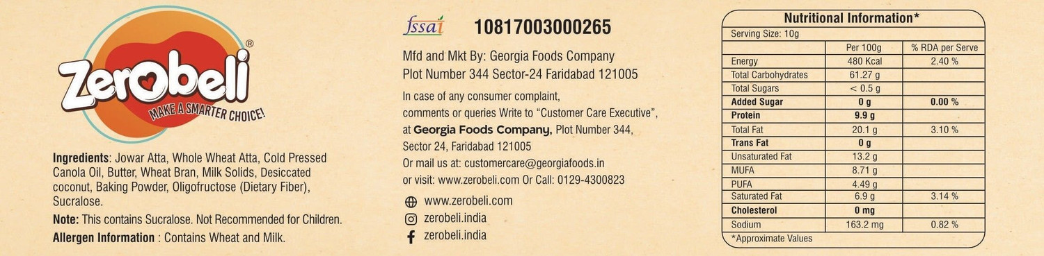 Image of Zerobeli Sugar Free Jowar Atta Cookies | No Maida and Palm Oil | Diabetic Friendly Bakery Biscuit