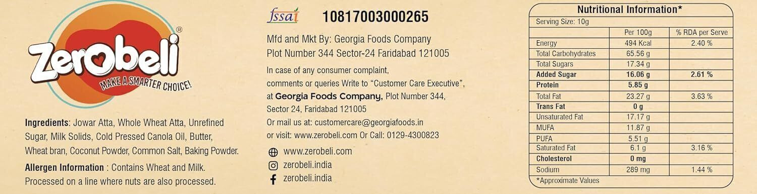 Image of Zerobeli Jowar Coconut Cookies | Delicious & Healthy, 0% Maida, Palm Oil & Preservatives| Bakery Biscuit