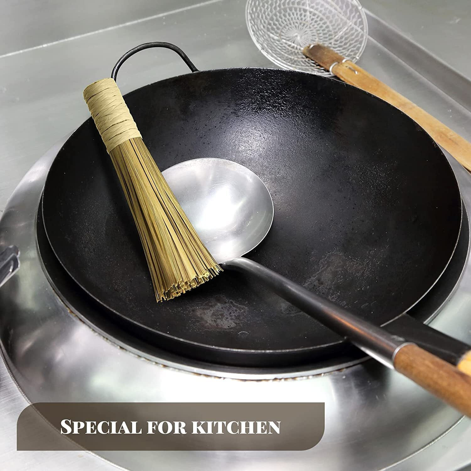 Image of RAYCRAFT WORLD Carbon Steel Wooden Handle Wok with 2pcs Wok Cleaning Brush Wok 5 L capacity 40 cm diameter