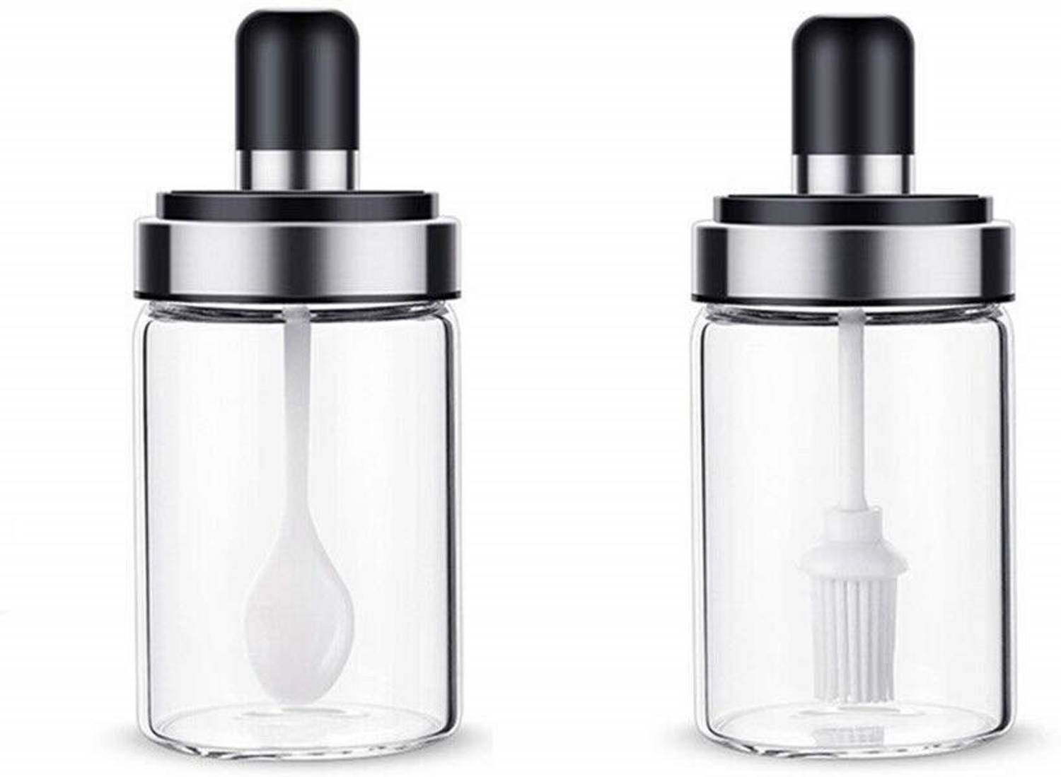 Amaxone 2 Borosilicate Glass Jar with Brush and Spoon for Oil, Powder for Kitchen Glass Round Pastry Brush