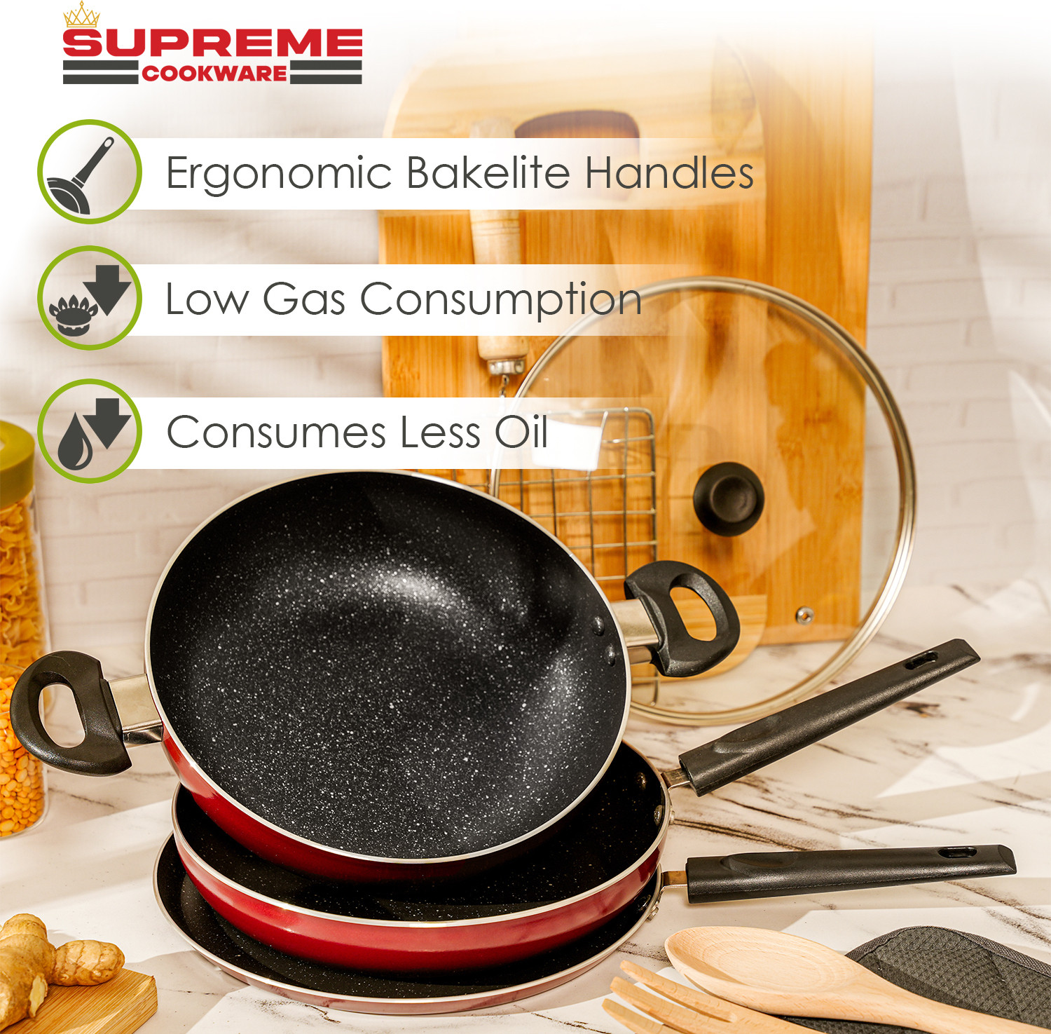 Image of Supreme Cookware Kadhai / Tawa / Fry Pan Induction Bottom Non-Stick Coated Cookware Set