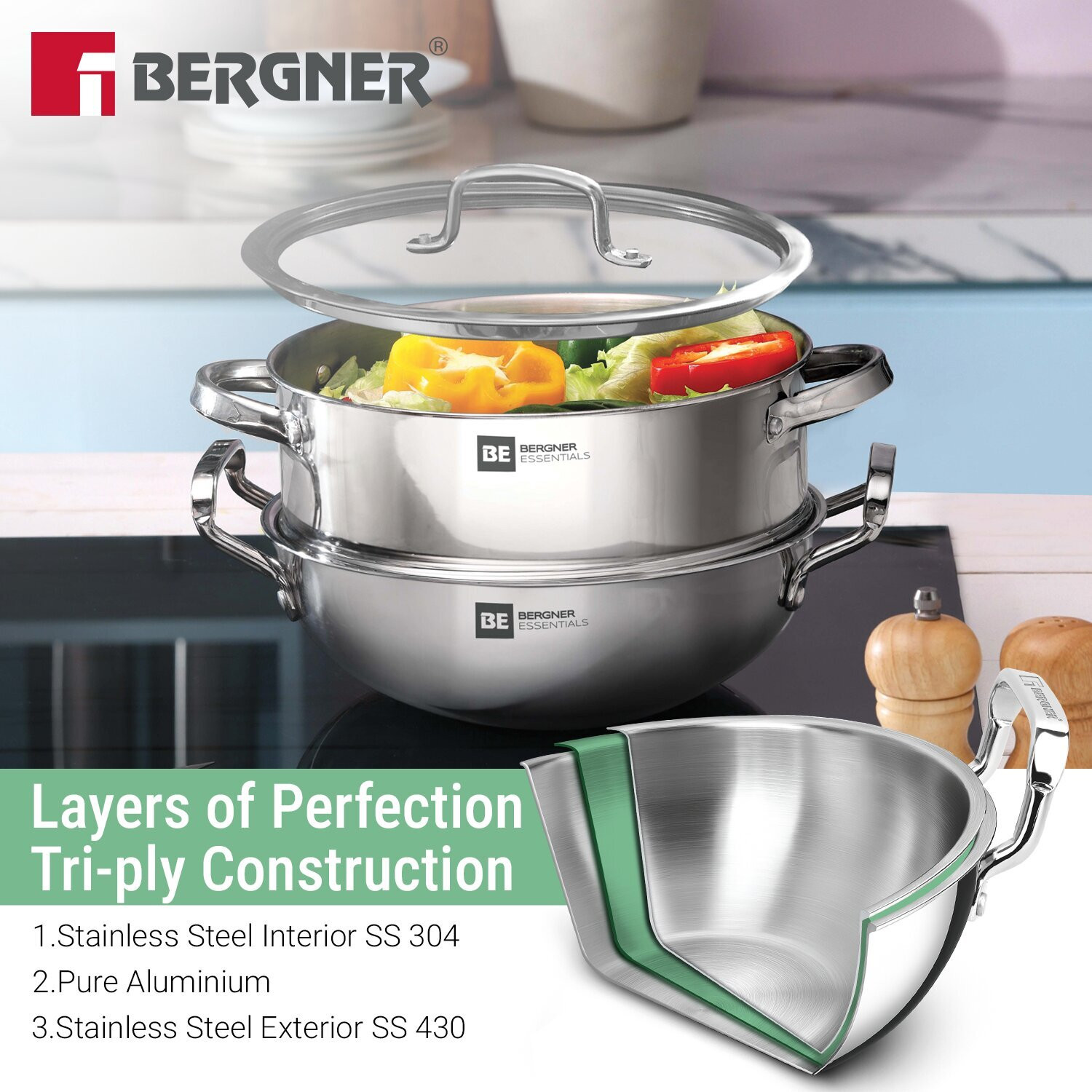 Image of BERGNER 17 Pcs Marriage Set, Triply Cookware Set, Consumes Less Oil, Healthy Cooking, Induction Bottom Cookware Set