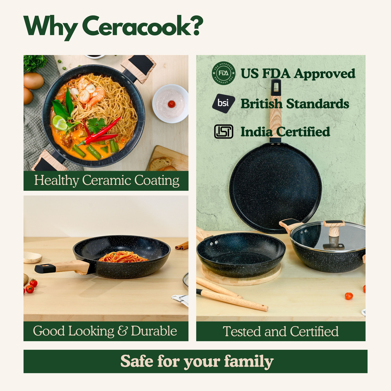 Image of Kreme Ceracook Granite Ceramic Cookware Set of 3pcs Induction Bottom Non-Stick Coated Cookware Set