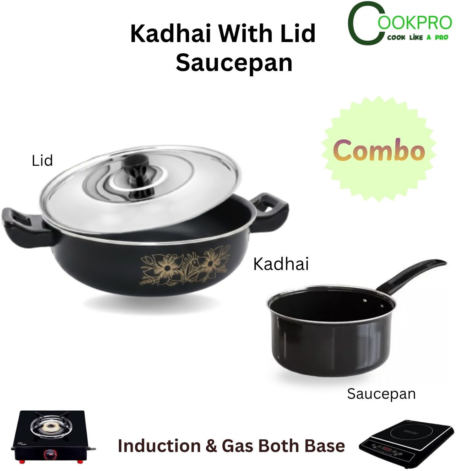 Image of cookpro Kitchen Cookware Kadhai with lid or Saucepan Combo Induction Bottom Non-Stick Coated Cookware Set