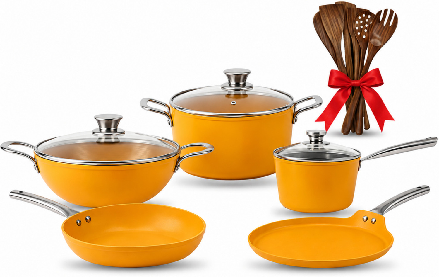 Image of Salford Forged Ceramic Non-Stick 14 Pcs Set Mustard Yellow Induction Bottom Non-Stick Coated Cookware Set