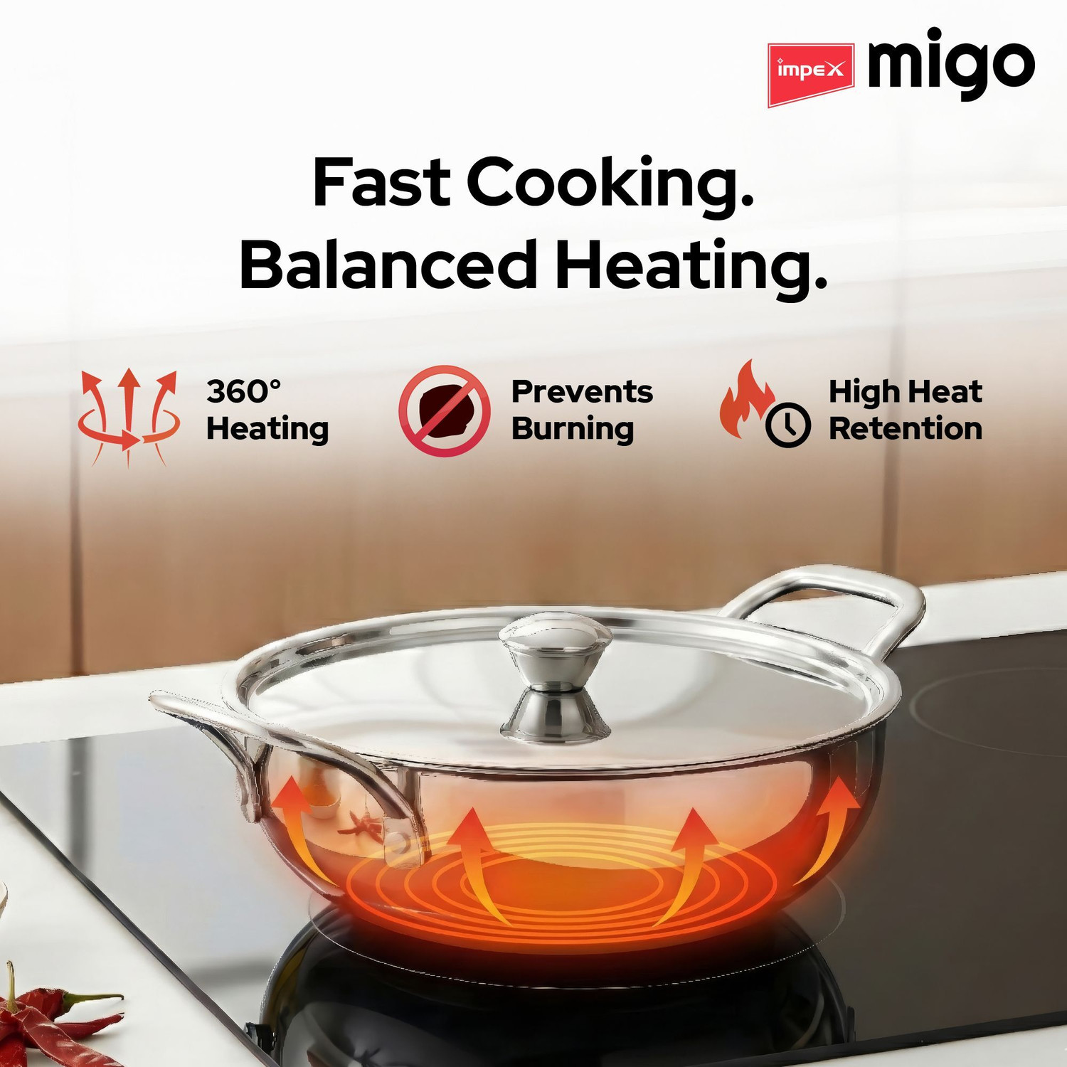 Image of IMPEX 3 Pcs SS Triply Cookware Set with 3-Layer Ultra Thick | Uniform Heating Induction Bottom Cookware Set