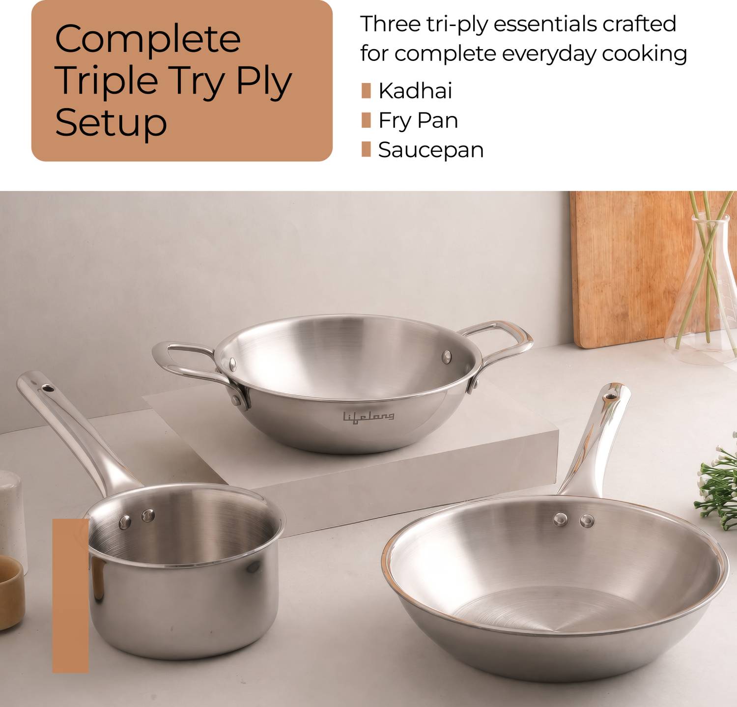 Lifelong Triply Kadai, Frypan & Saucepan Set - Image 2
