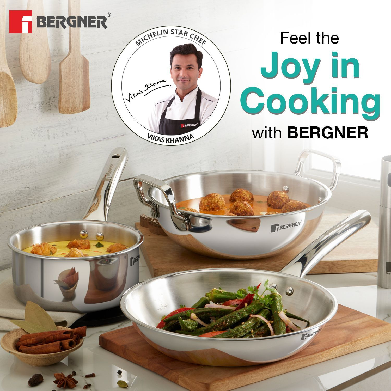 Image of BERGNER TriPro 3 Pcs Triply Set of 22cm /2.1L Kadai, 22cm /1L Frypan, 14cm /1.1L Teapan, Induction Bottom Cookware Set