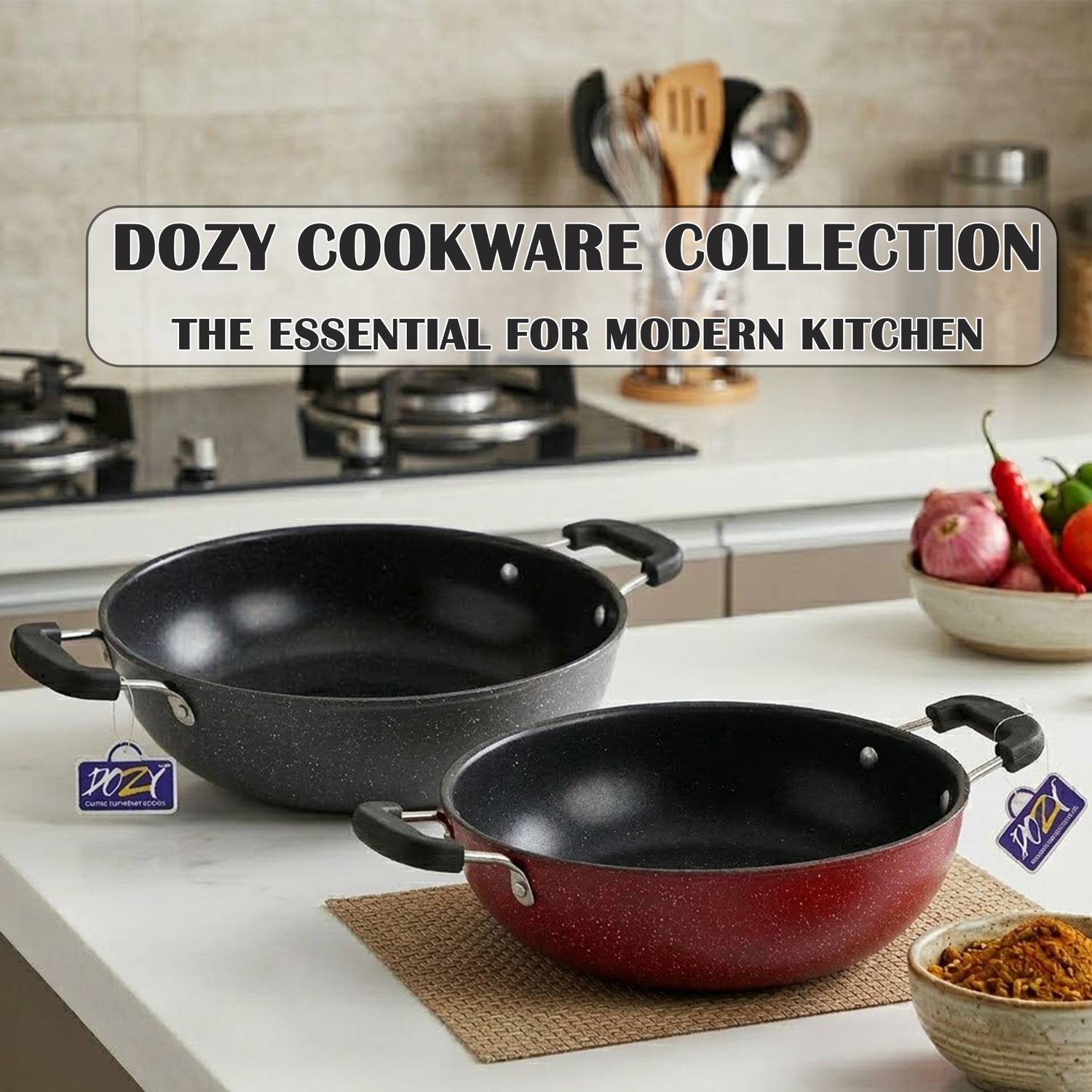 Dozy Non-Stick Aluminum Induction Cookware Set (Red/Grey)