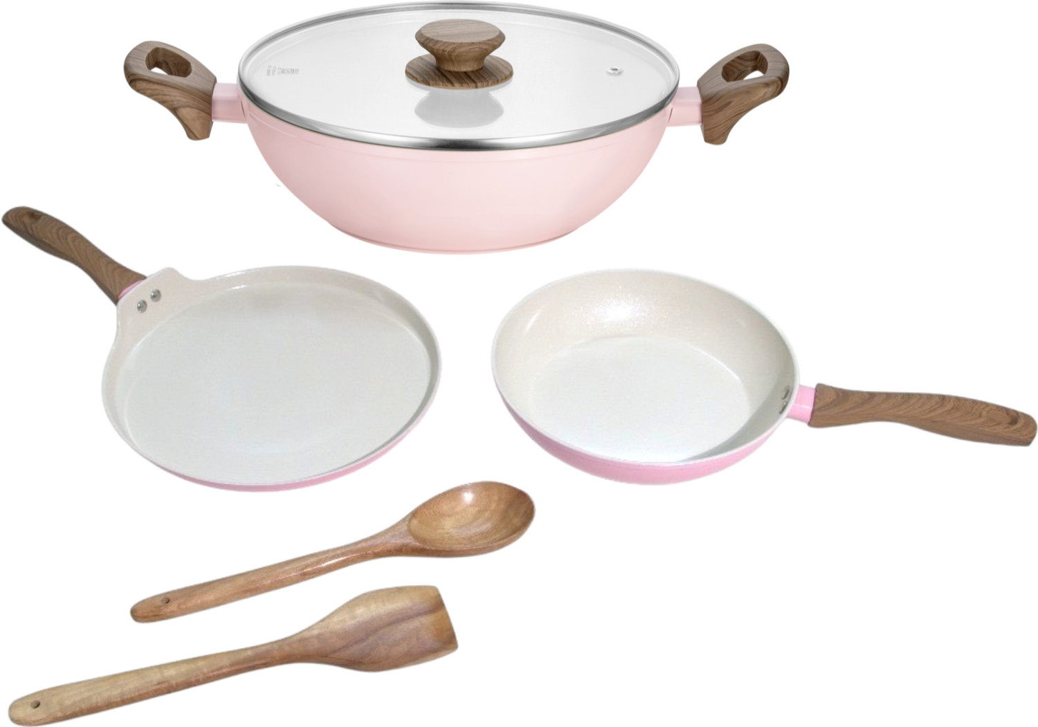 Image of Stellyfire Stellyfire Forged Ceramic 3 pcs Combo Cookware set (Pink) Induction Bottom Non-Stick Coated Cookware Set