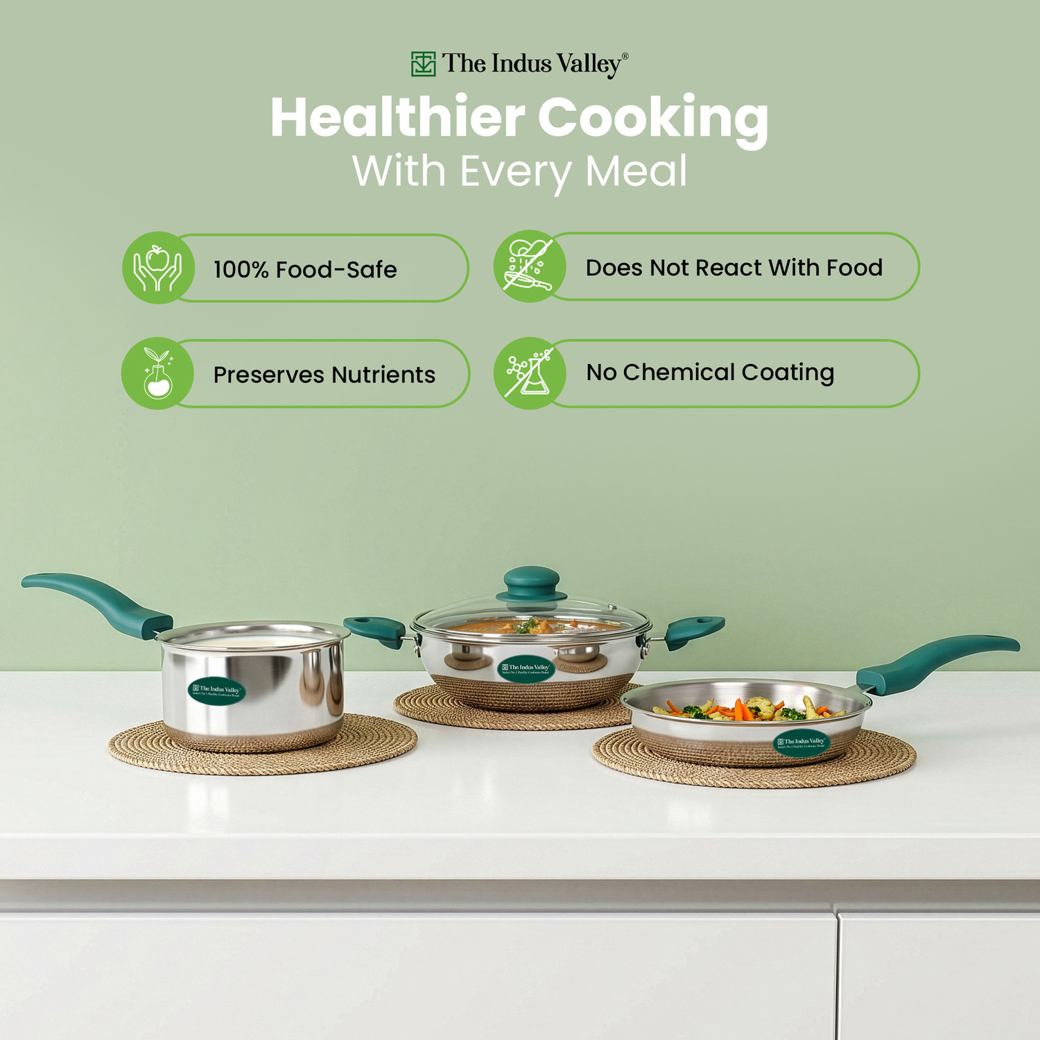 Image of The Indus Valley Triply Stainless Steel Cookware Set- Kadai, Fry pan, Saucepan Induction Bottom Non-Stick Coated Cookware Set