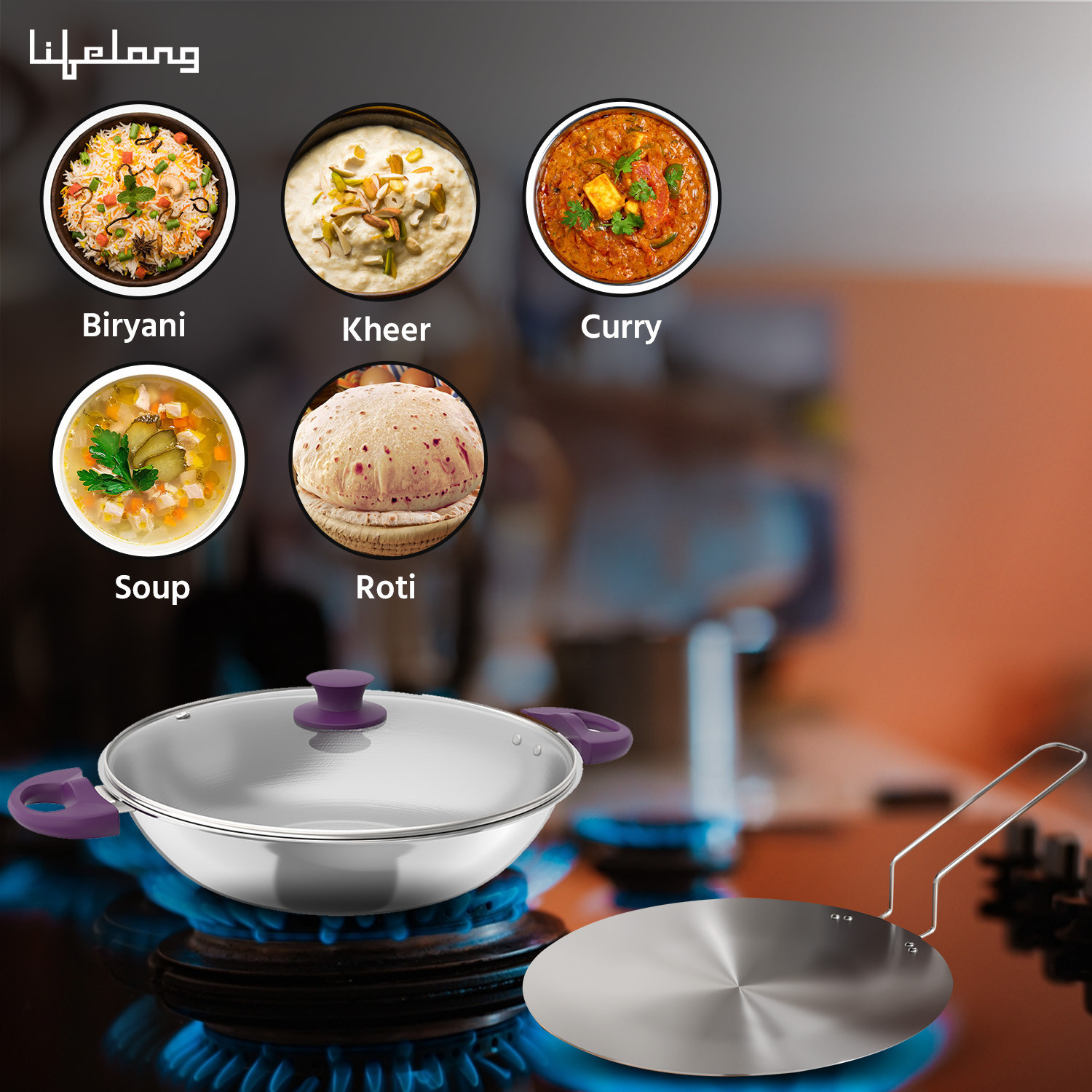 Image of Lifelong LLTPC4 Combo Kadhai (22 CM), Roti Tawa Induction Bottom Cookware Set