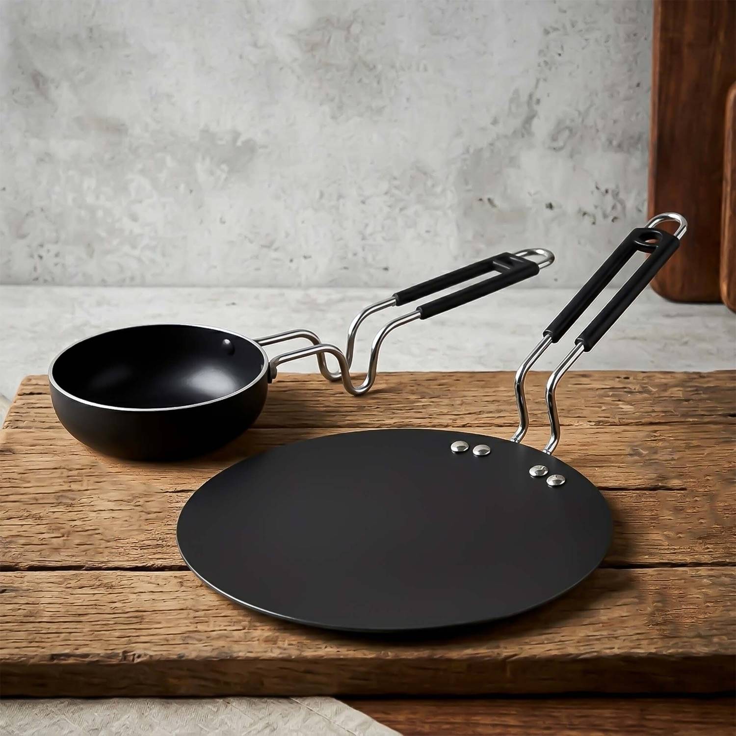 Dozy Heavy-Duty Cast Iron Tawa & Tadka Pan Combo for Authentic Indian Cooking Induction Bottom Non-Stick Coated Cookware Set — Fry Pans & Cookware Sets