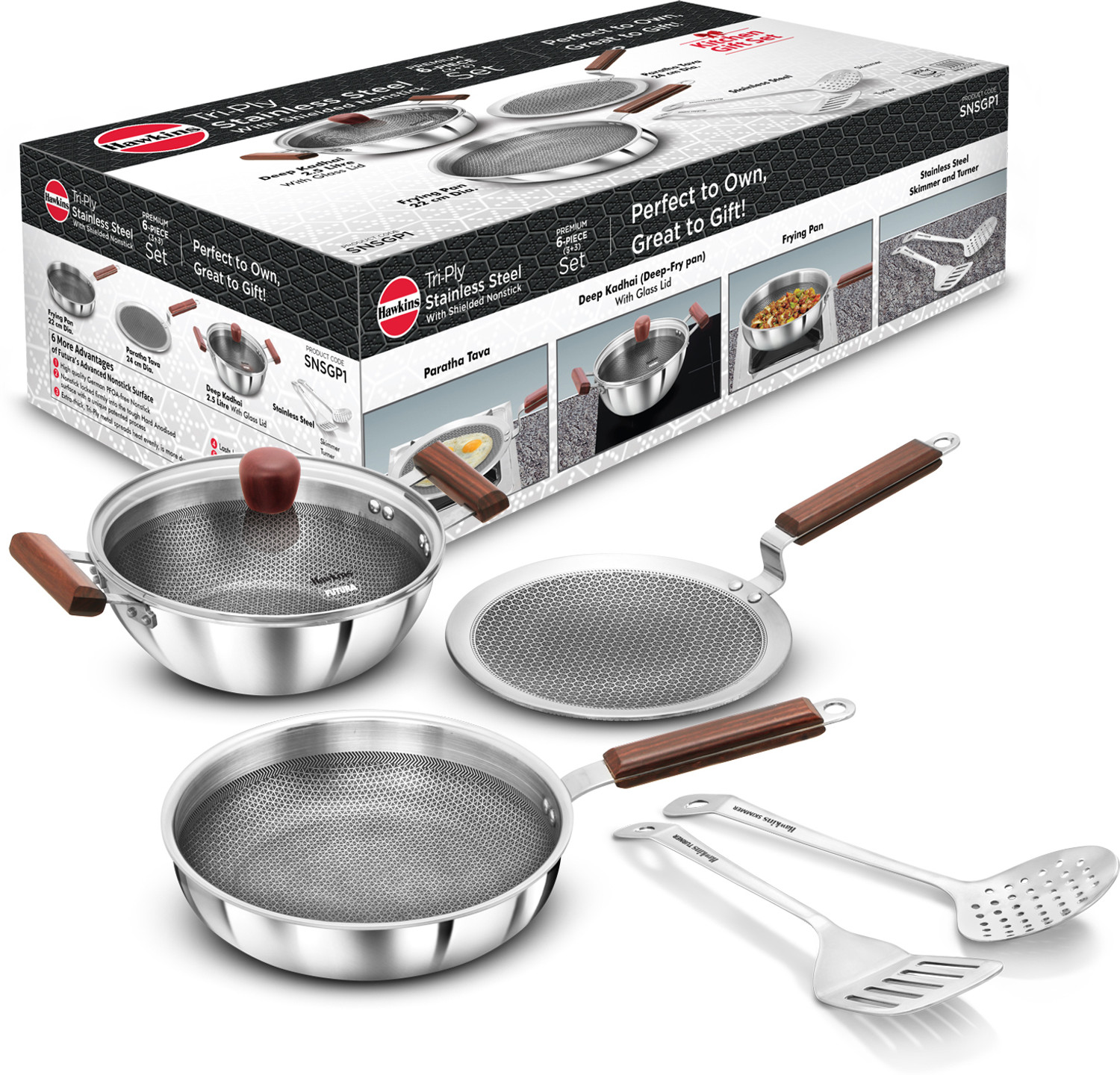Image of Hawkins Gift Set-Kadhai, Frying Pan, Tava, Lid, Skimmer, Turner (SNSGP1) Induction Bottom Non-Stick Coated Cookware Set