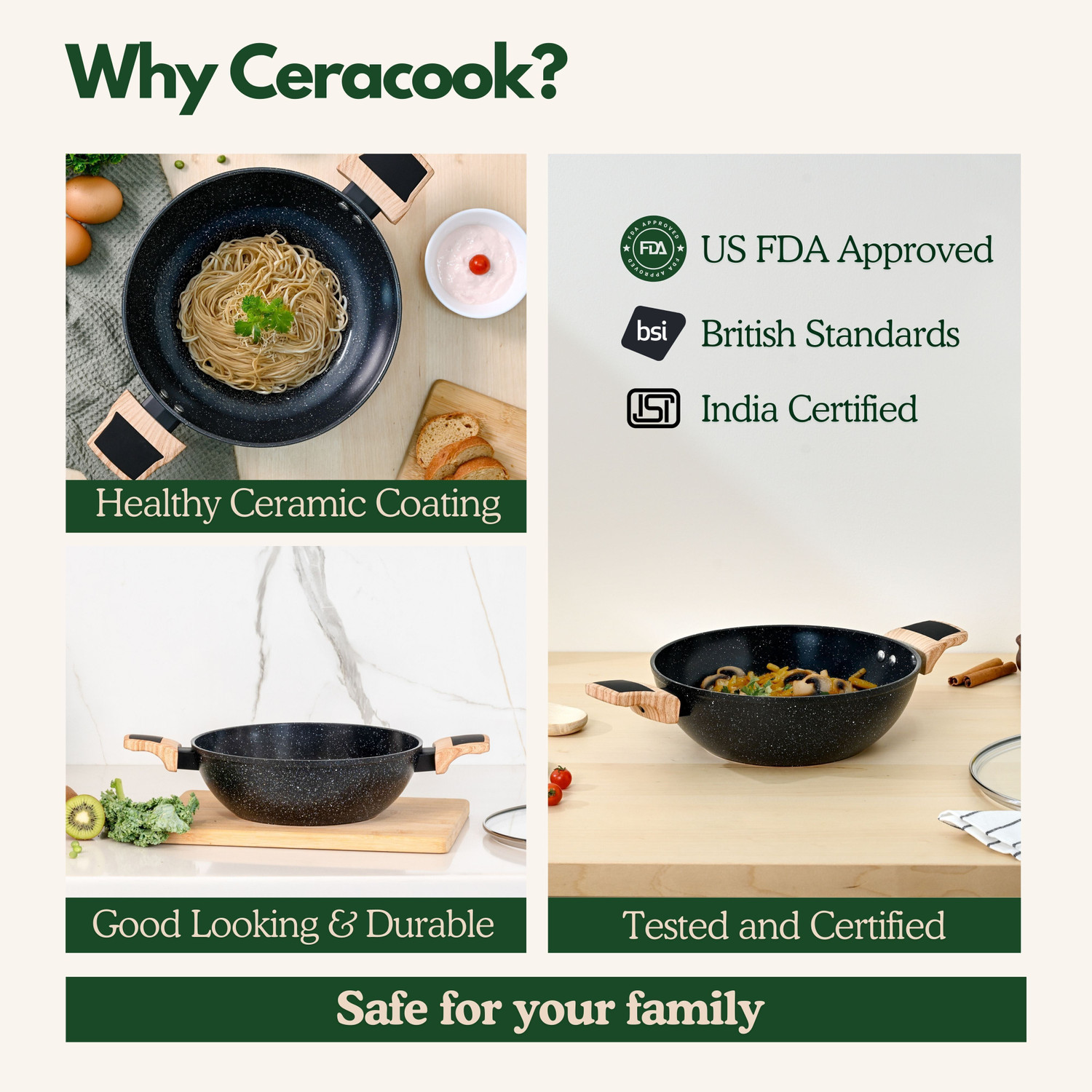Image of Kreme Ceracook Granite Ceramic Kadhai Cookware Set of 2pcs Induction Bottom Cookware Set