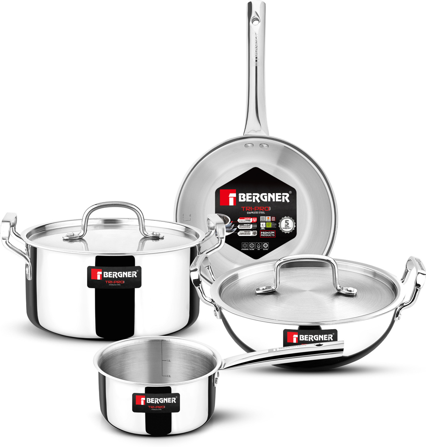 Image of BERGNER TriPro Triply Stainless Steel 6 Pcs Cookware Set, Less Oil, Healthy Cooking, Induction Bottom Cookware Set
