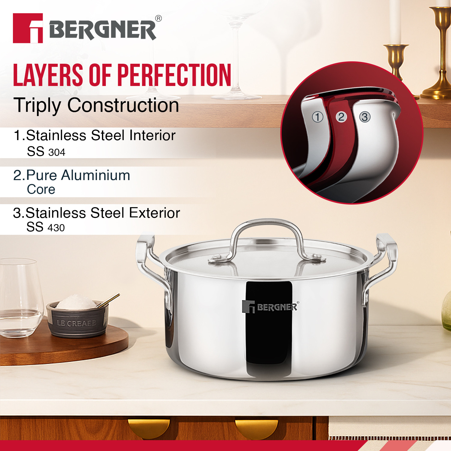 Image of BERGNER TriPro Triply Stainless Steel 6 Pcs Cookware Set, Less Oil, Healthy Cooking, Induction Bottom Cookware Set