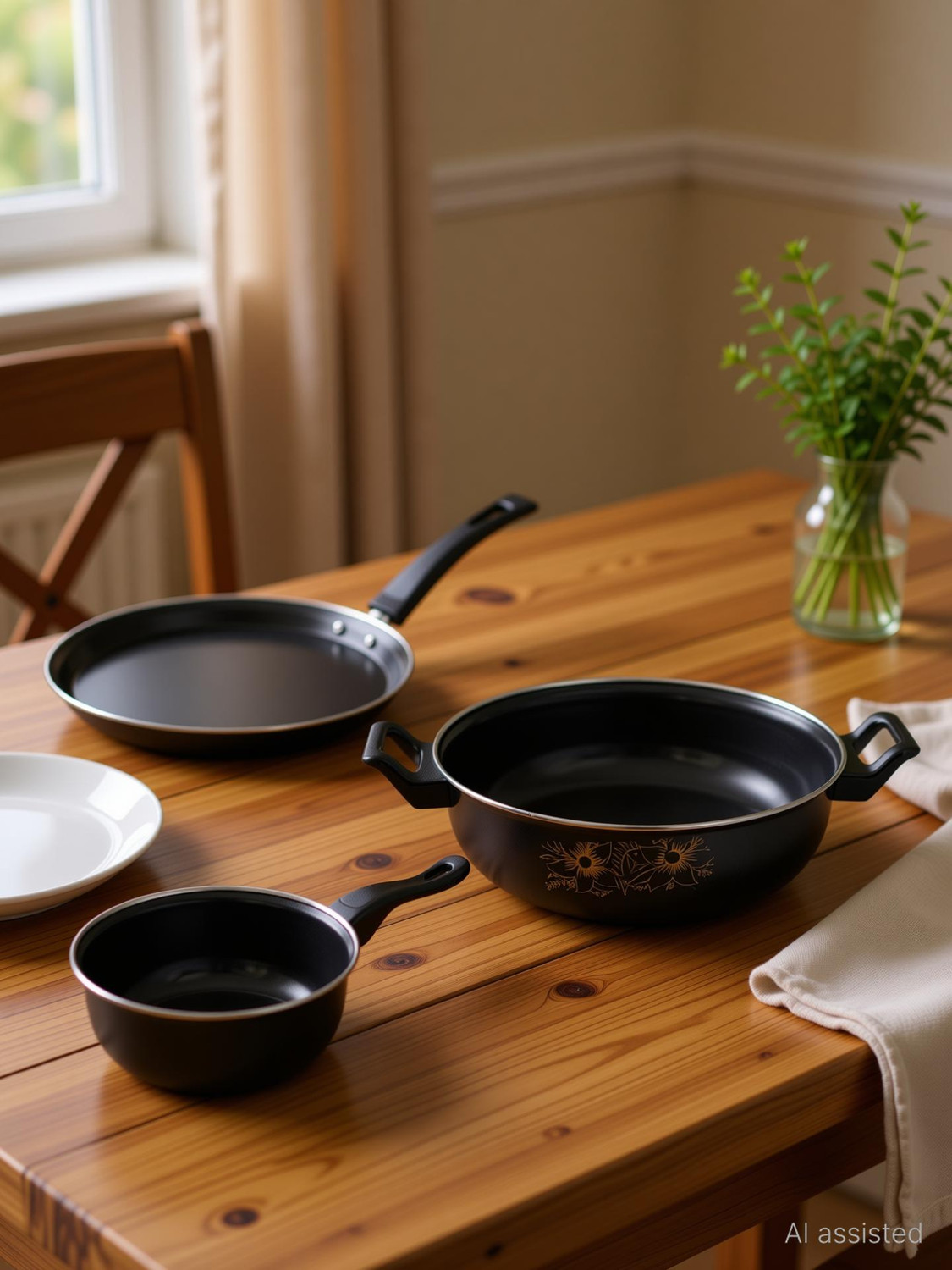 Image of SILVOSWAN Non-Stick Cookware Set - Kadhai, Tawa & Sauce Pan - Induction Bottom Non-Stick Coated Cookware Set