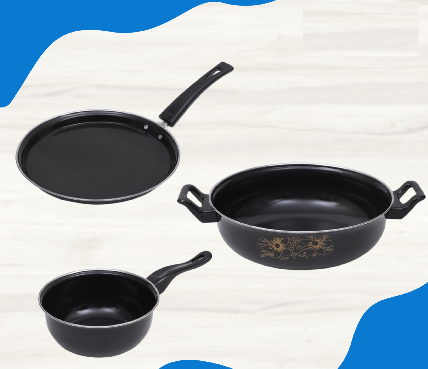 Image of SILVOSWAN Non-Stick Cookware Set - Kadhai, Tawa & Sauce Pan - Induction Bottom Non-Stick Coated Cookware Set