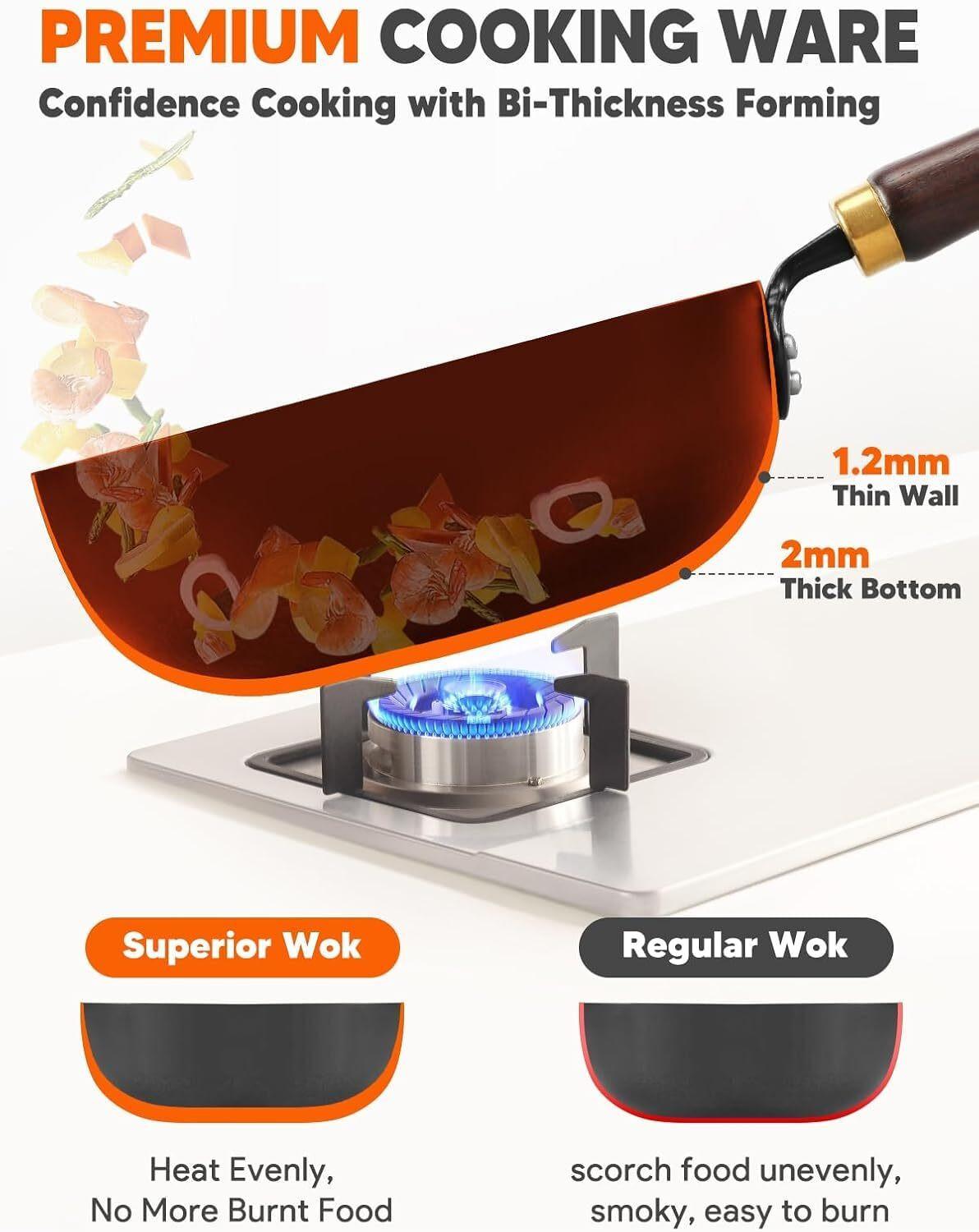 Image of Bonsly Pre-Seasoned Iron Wok with Strong Wooden Handle Induction Bottom Non-Stick Coated Cookware Set