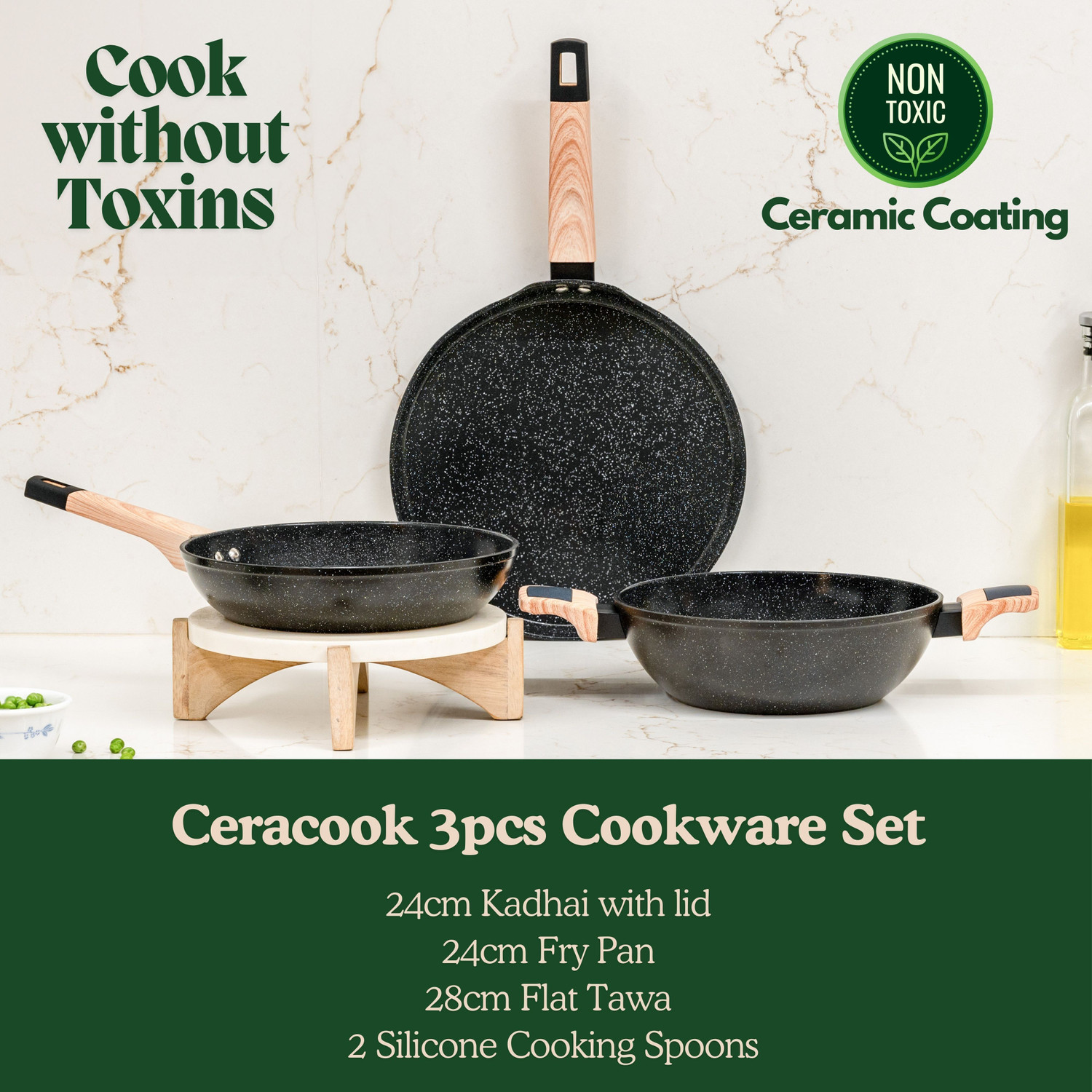 Image of Kreme Ceracook Granite Ceramic Cookware Set of 3pcs Induction Bottom Non-Stick Coated Cookware Set
