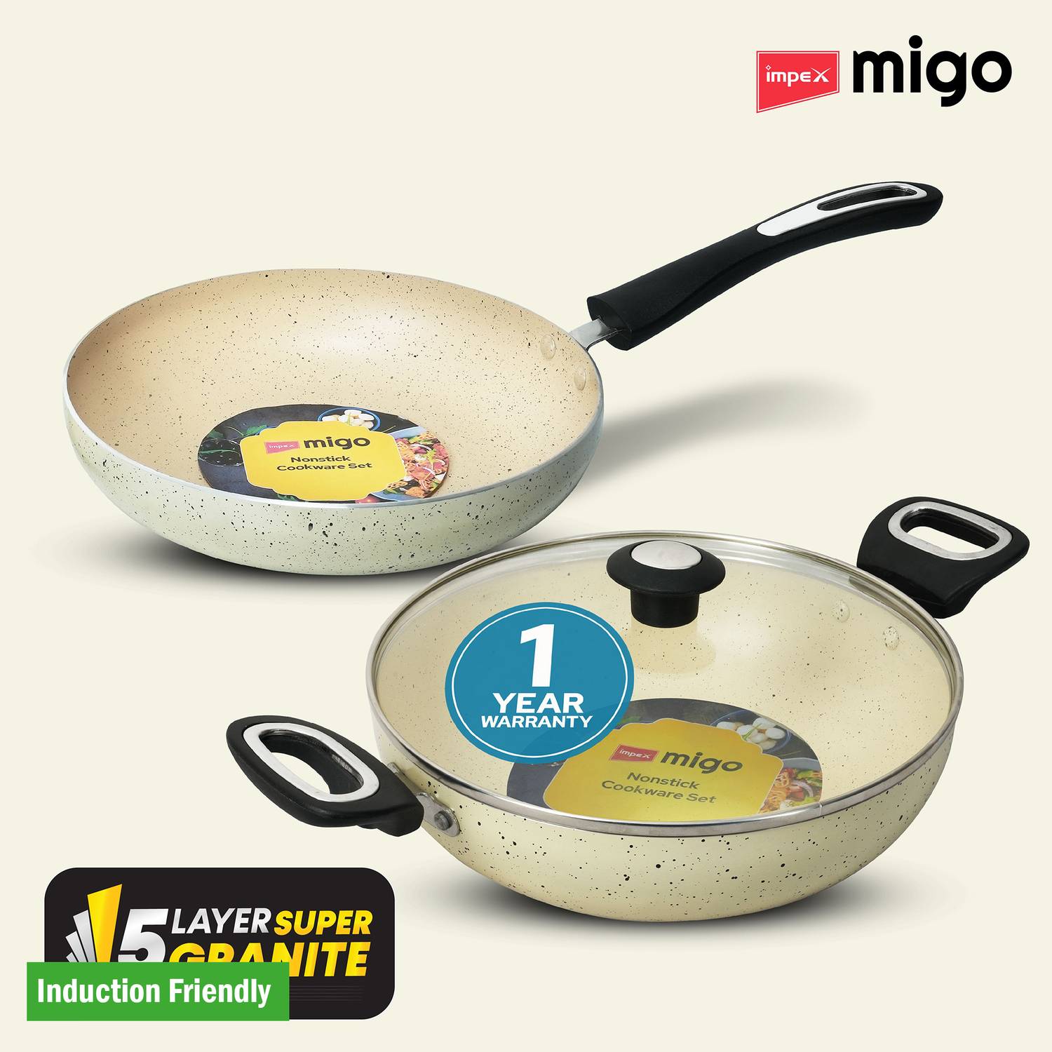 IMPEX FK Set Beige(B) Nonstick Set, Festival Gift Set Induction Bottom Non-Stick Coated Cookware Set