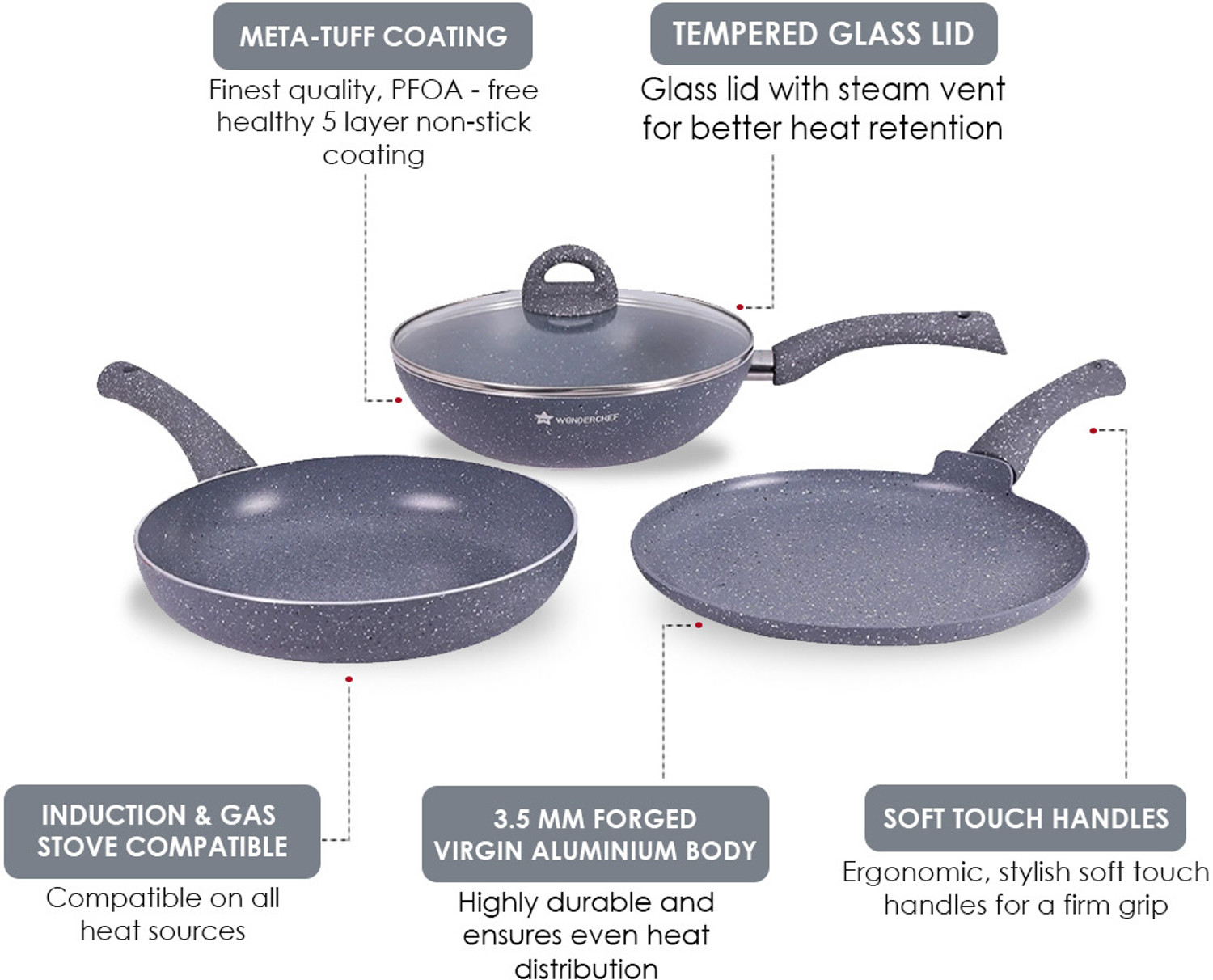 Image of WONDERCHEF Granite Non-stick 4-piece Cookware Set(Fry Pan with Lid, Wok, Dosa Tawa), Induction bottom, Soft-touch handles, Virgin grade aluminium, PFOA /Heavy metals free, 3.5mm, 2 years warranty Induction Bottom Non-Stick Coated Cookware Set