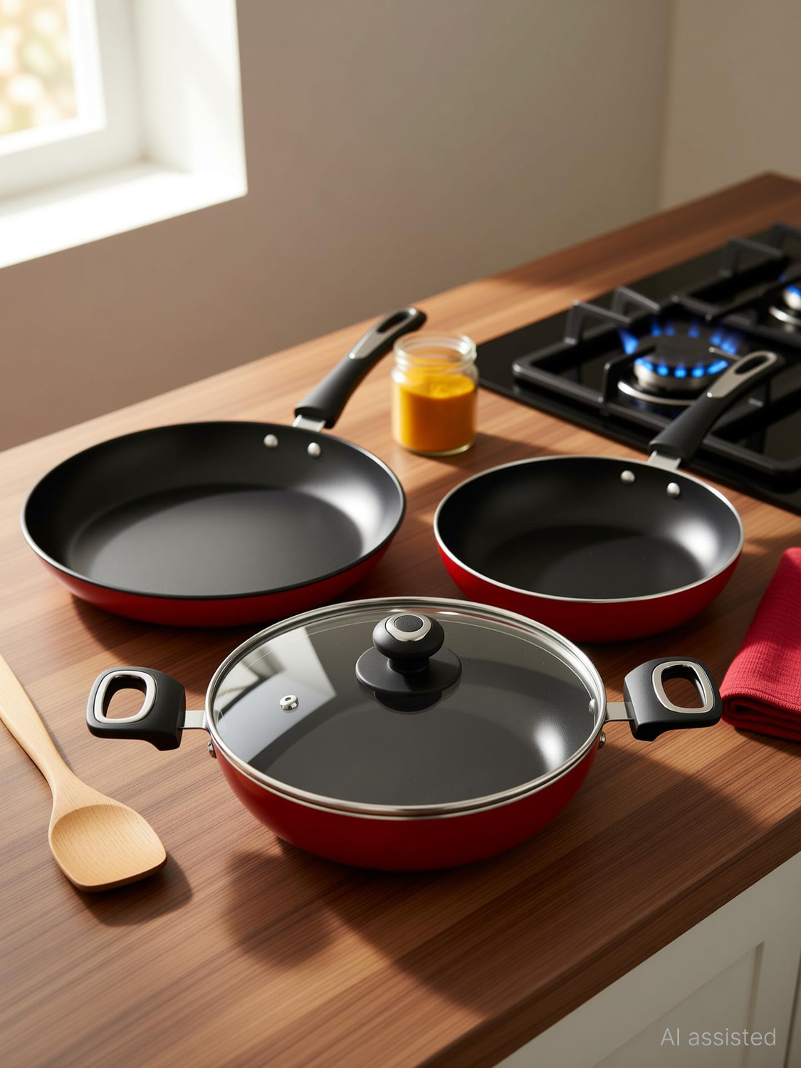 Image of Preethi Dura Collection Non Stick Set, 28cm Tawa, 26cm Frying Pan, 26cm Kadai,With Lid Induction Bottom Non-Stick Coated Cookware Set (Aluminium, 3 - Piece)