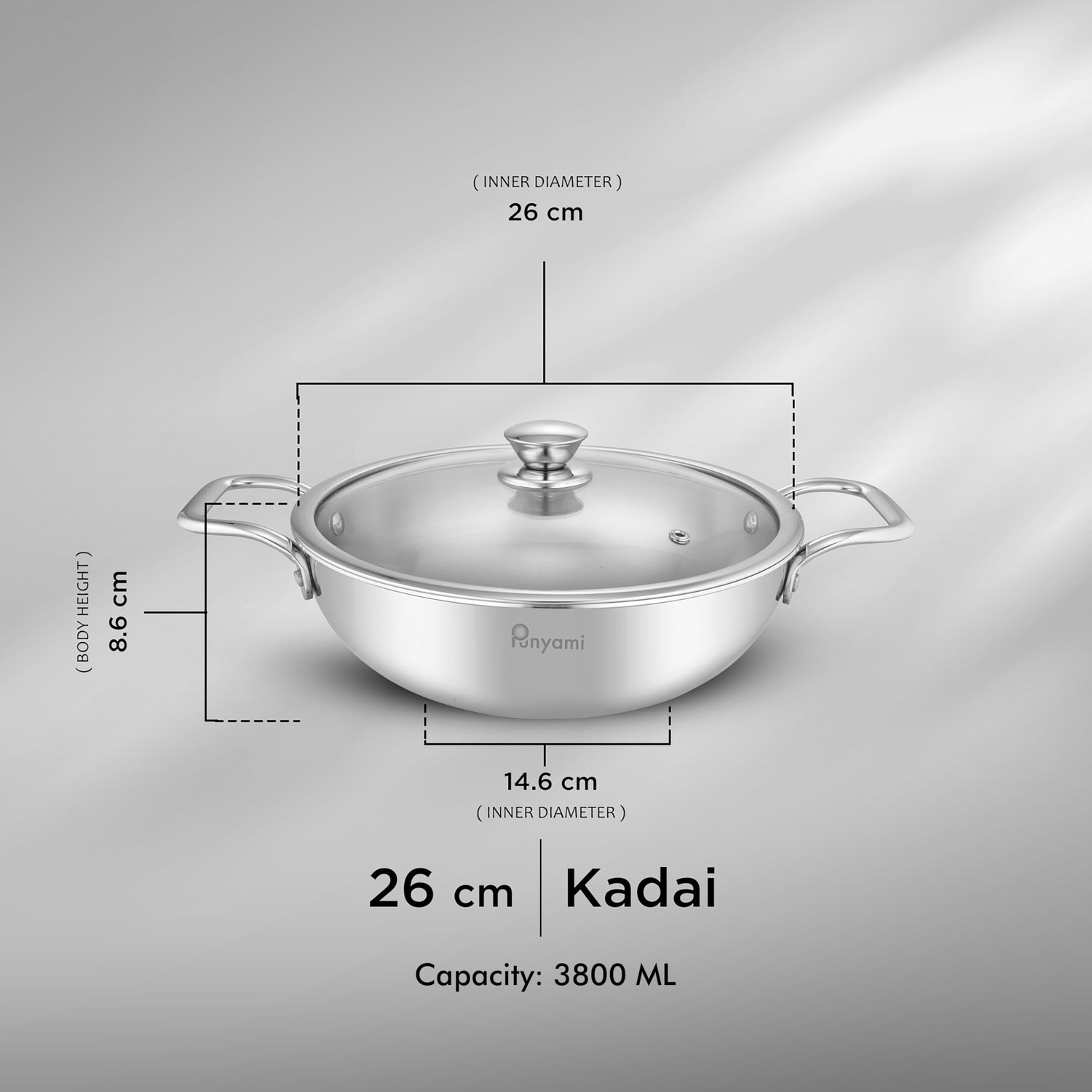 Image of Punyami Triply Stainless Steel Kadai Durable & Even Heat Cookware for Kitchen Induction Bottom Cookware Set