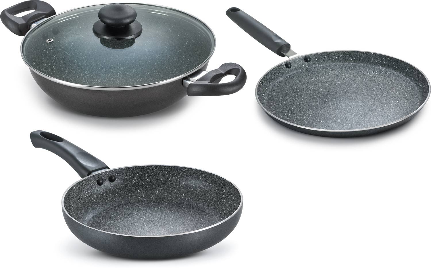 Prestige Omega Deluxe Granite Alpha 3Pcs BYK-Kadai 24cm Glass Lid+Tawa 28cm+Fry Pan 24cm Induction Bottom Non-Stick Coated Cookware Set — Fry Pans & Cookware Sets