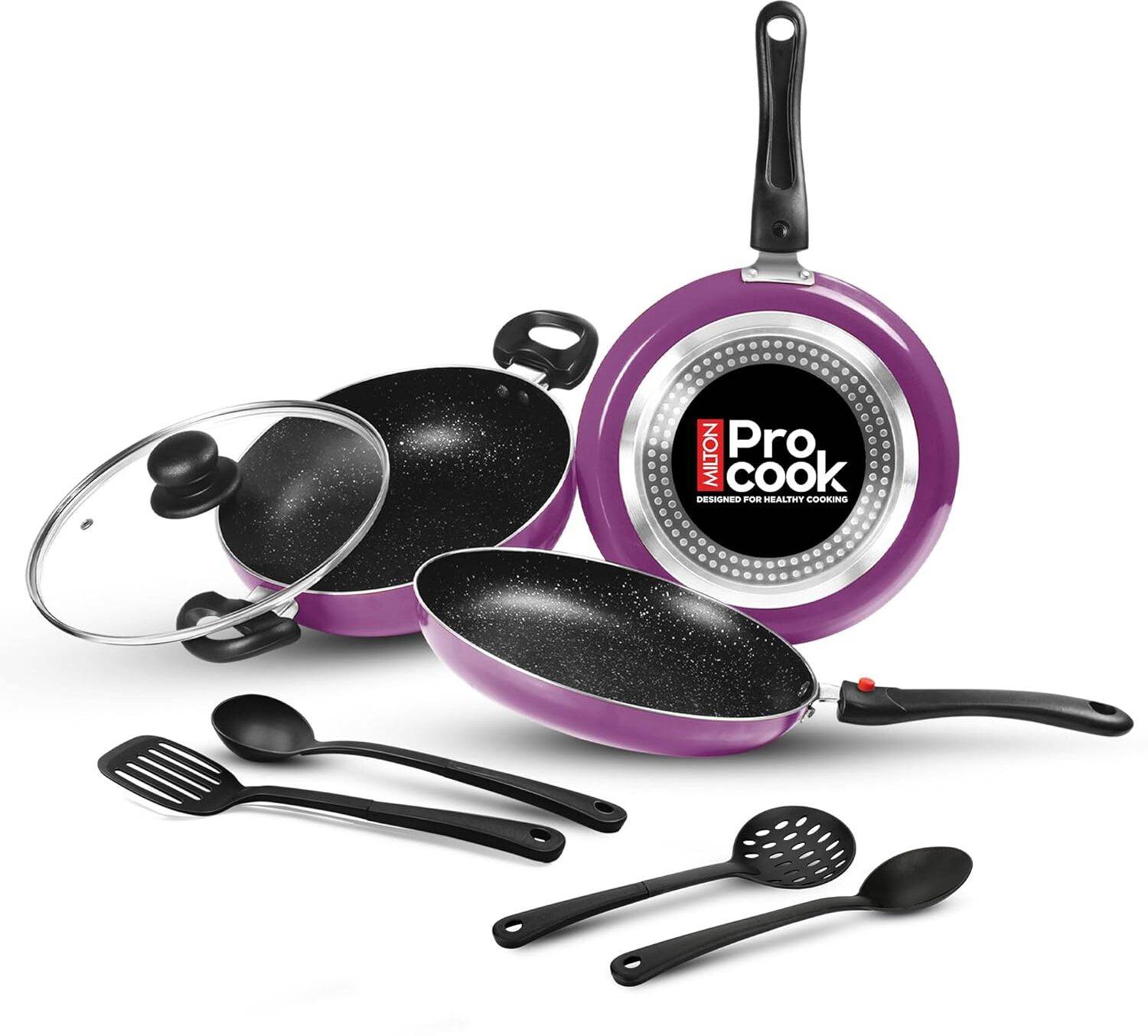 MILTON Pro Cook Kitchen Jewel Plus Granito, Dark Purple Induction Bottom Non-Stick Coated Cookware Set — Fry Pans & Cookware Sets