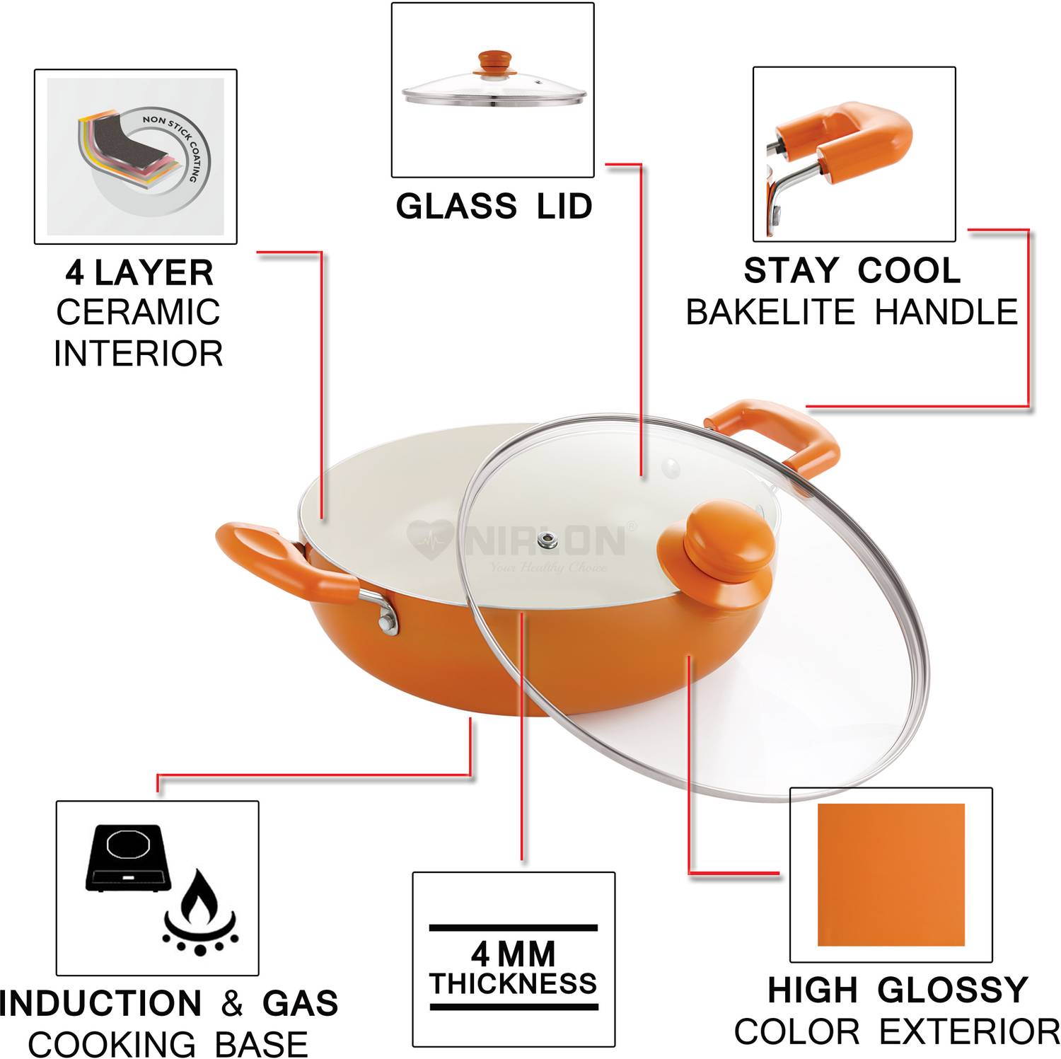 NIRLON 3.6L Orange Ceramic Non-Stick Kadhai 26cm - Image 3