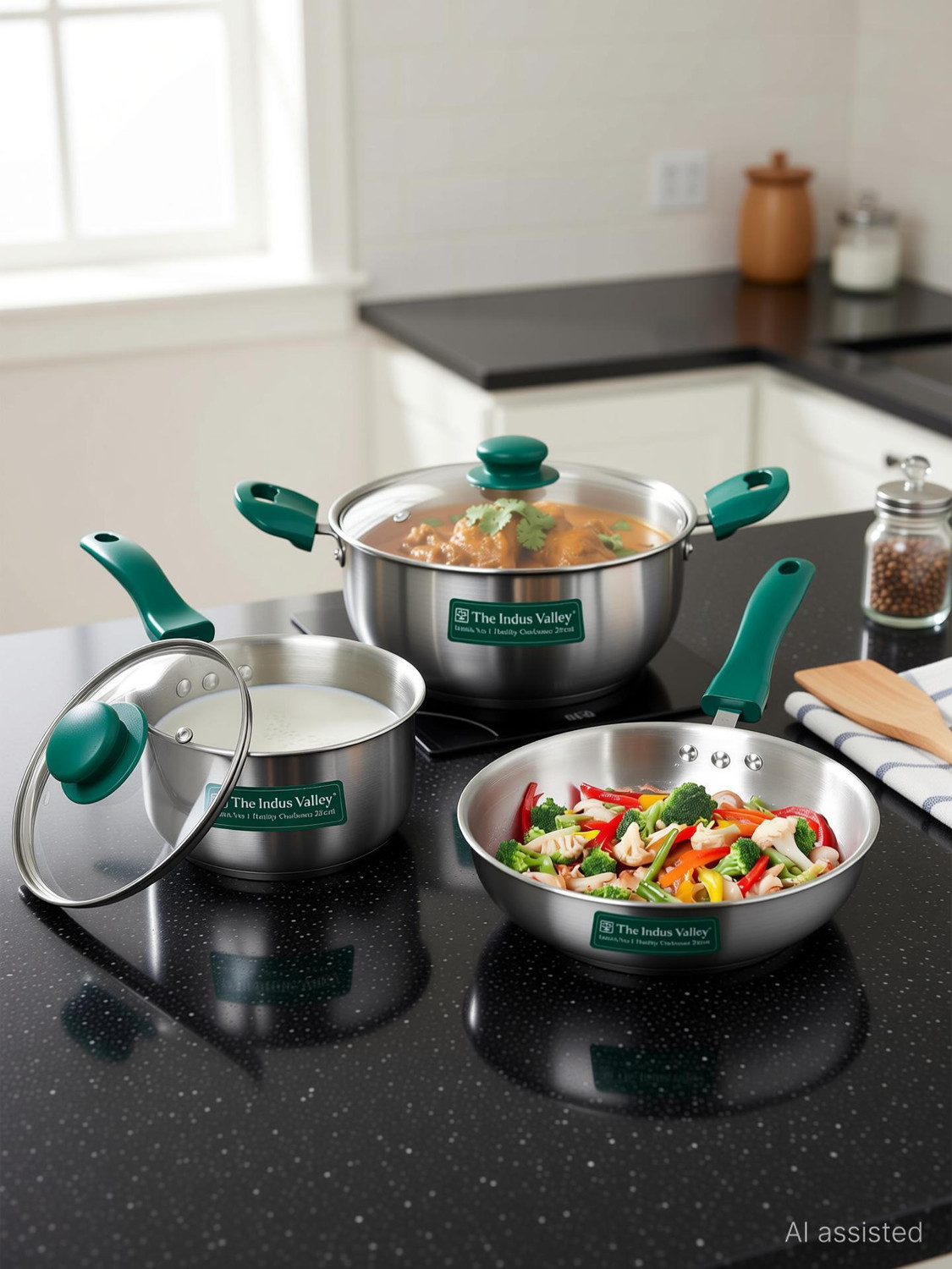 Image of The Indus Valley StainlessSteel Heavy Impact Bonded Triply Kadai 22cm, Frypan 22cm, Saucepan 16cm Induction Bottom Cookware Set