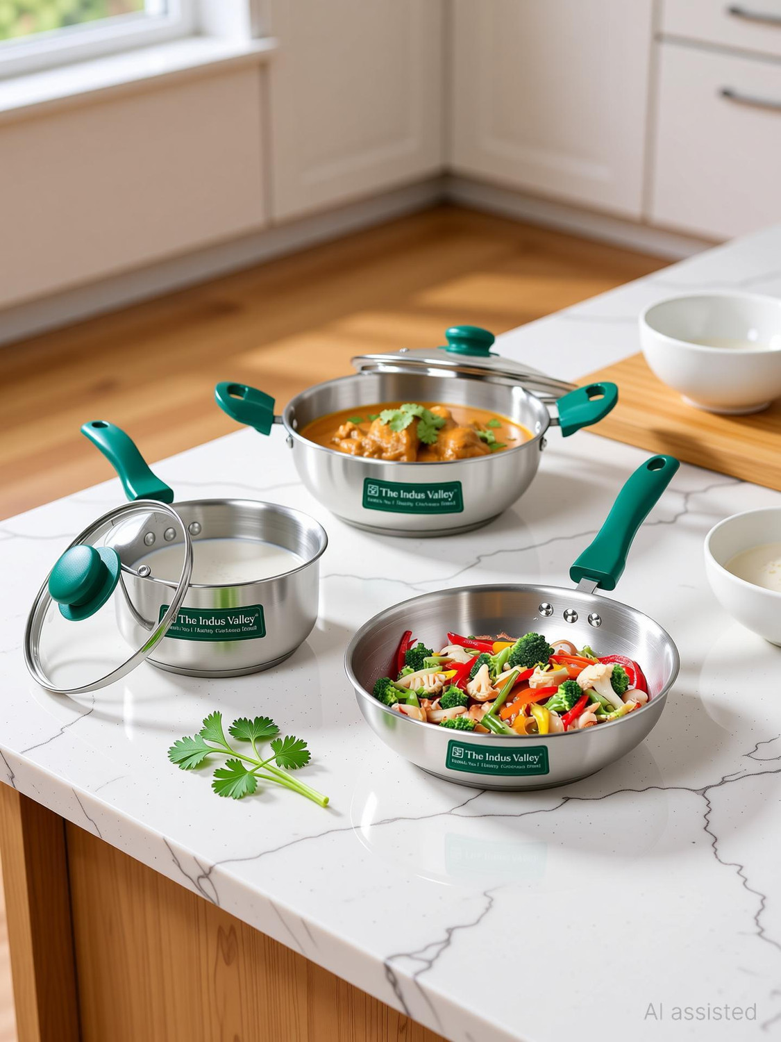 Image of The Indus Valley StainlessSteel Heavy Impact Bonded Triply Kadai 22cm, Frypan 22cm, Saucepan 16cm Induction Bottom Cookware Set