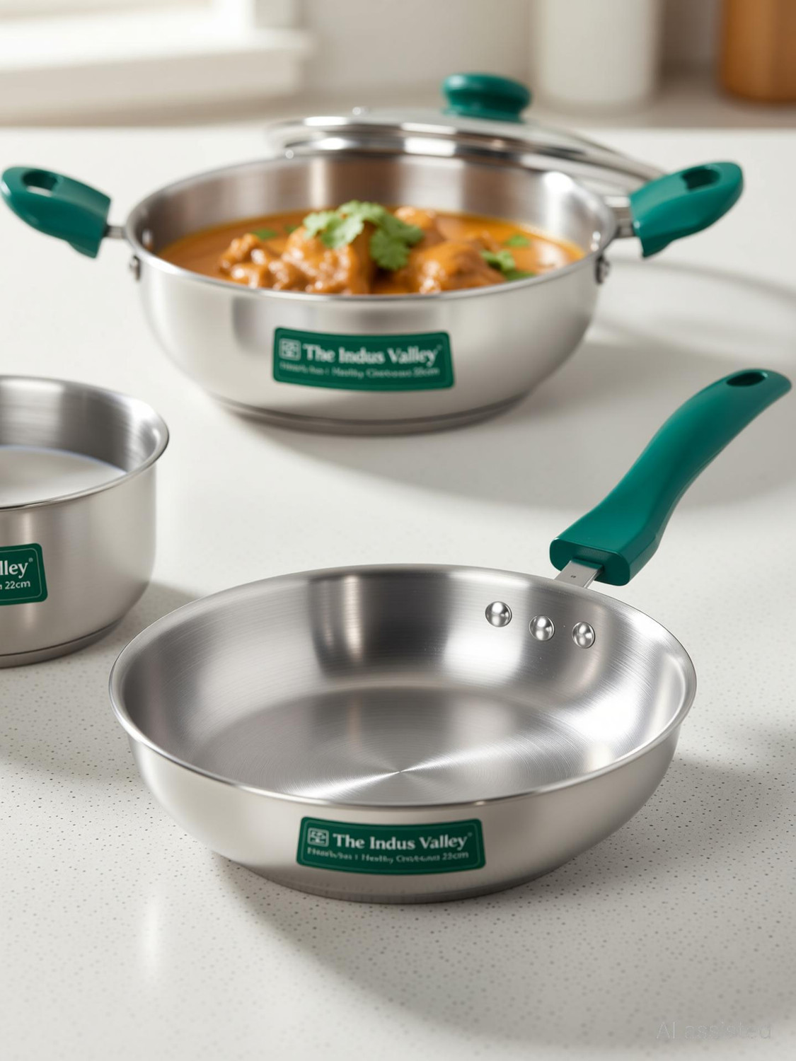 Image of The Indus Valley StainlessSteel Heavy Impact Bonded Triply Kadai 22cm, Frypan 22cm, Saucepan 16cm Induction Bottom Cookware Set
