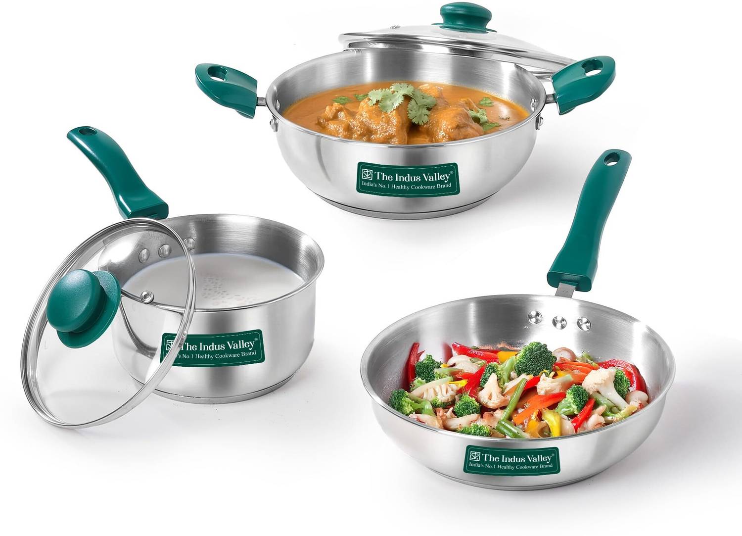 The Indus Valley StainlessSteel Heavy Impact Bonded Triply Kadai 22cm, Frypan 22cm, Saucepan 16cm Induction Bottom Cookware Set — Fry Pans & Cookware Sets