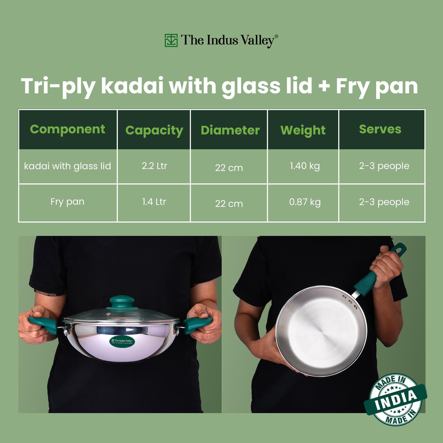 Image of The Indus Valley Triply Stainless Steel Cookware Set- kadai and Fry pan Induction Bottom Non-Stick Coated Cookware Set
