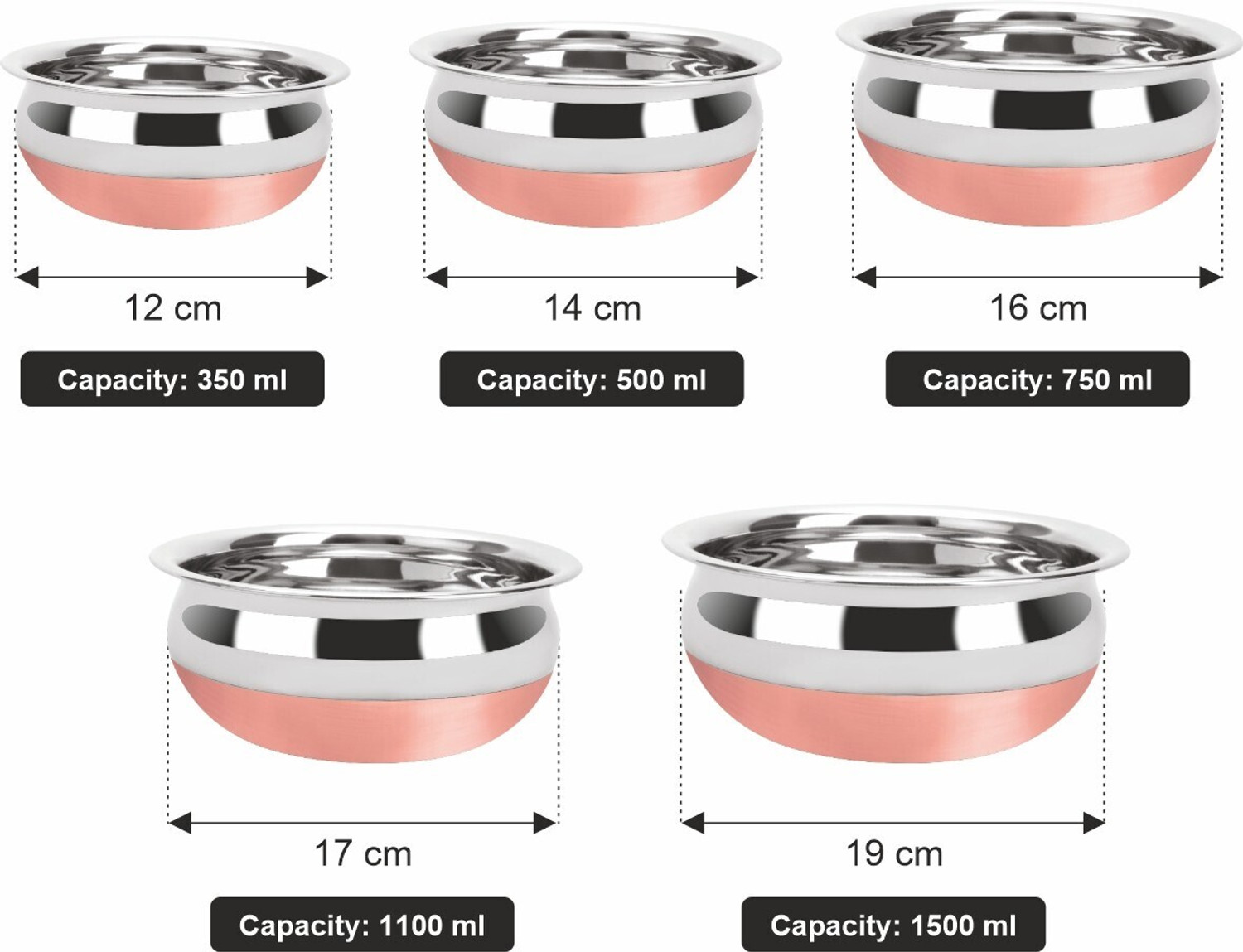 Image of RBGIIT Stainless Steel Copper Bottom Cooking Serving Pot with Lid Biryani Handi 5 Pc K0 Cookware Set