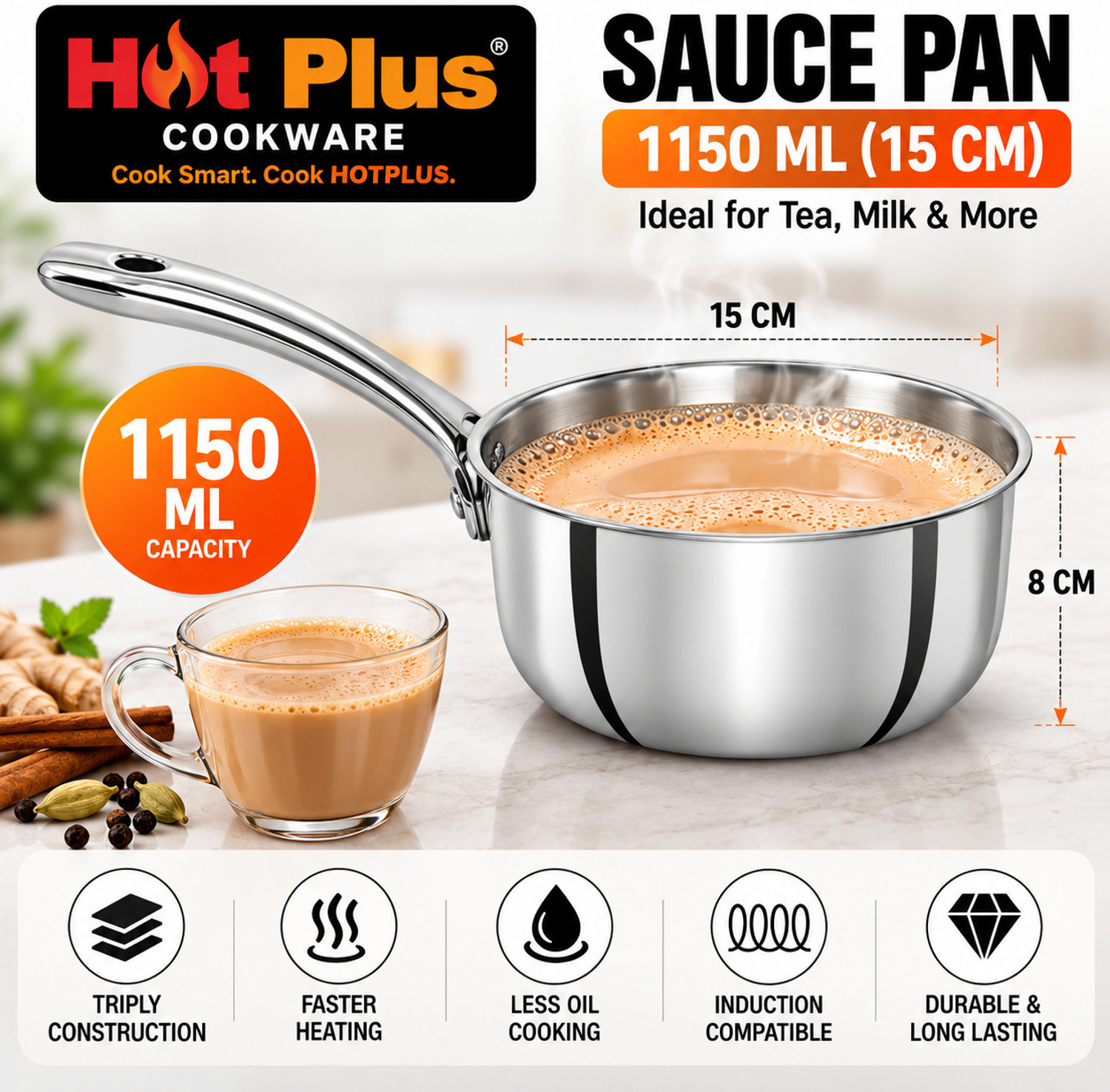 Image of hot plus Triply Stainless Steel Kadai, Fry Pan & Saucepan Combo with Glass Lid Induction Bottom Cookware Set (Triply, 4 - Piece)