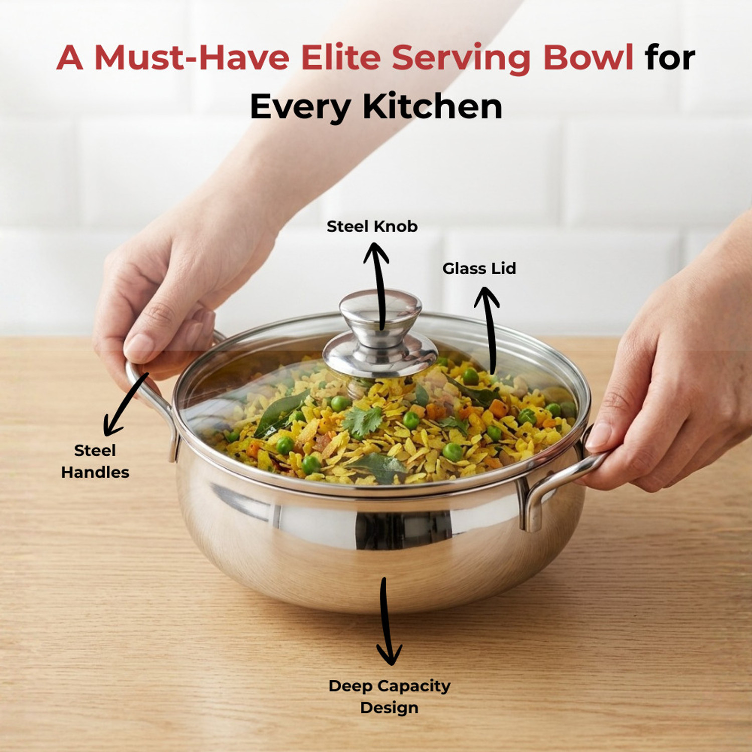 Image of VINOD Stainless Steel Elite Serving Bowls with Glass LId & Handle Handi 900 L, 1100 L with Lid