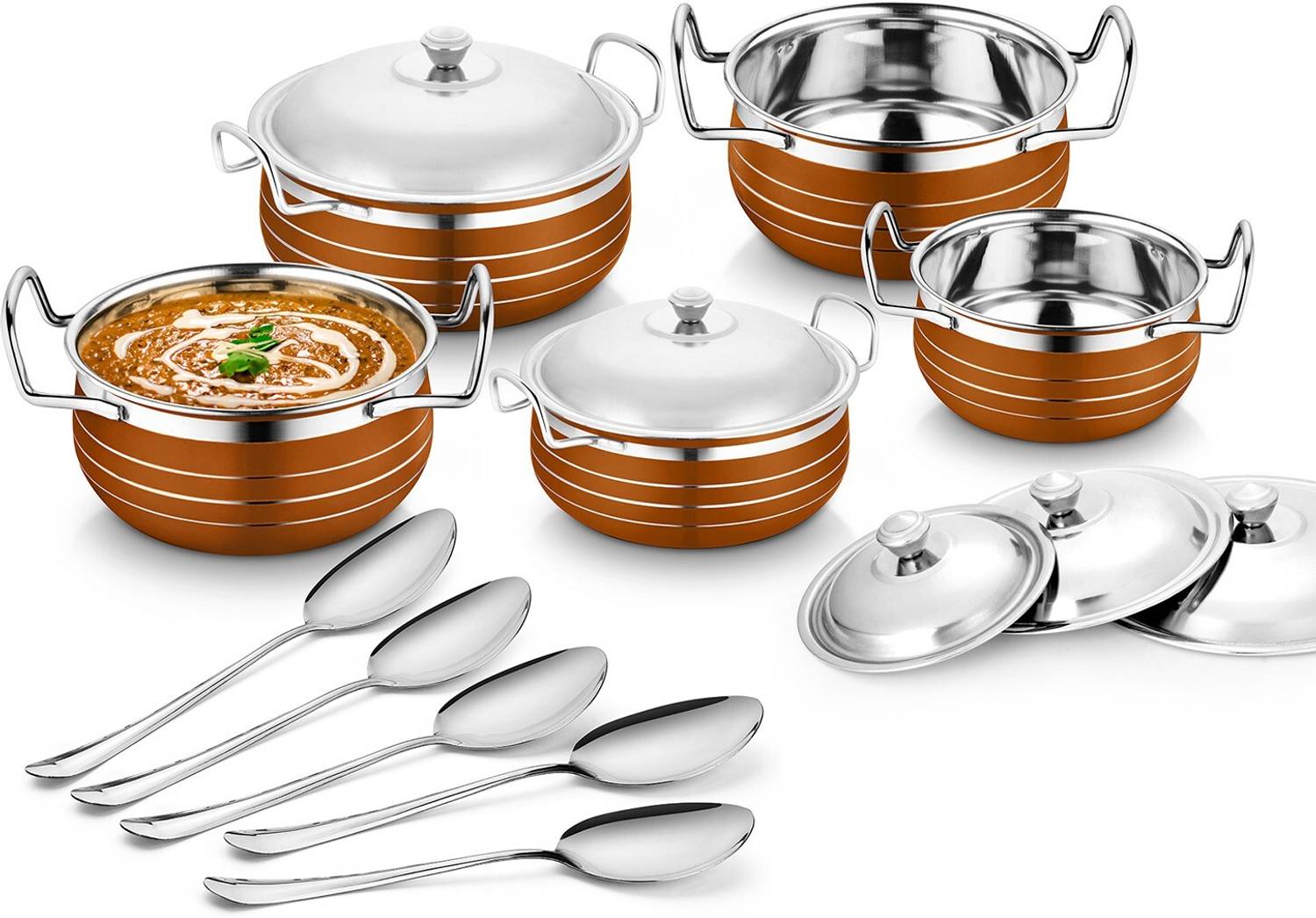 Classic Essentials Stainless Steel Copper Color Serving Handi with Steel Lid & Serving Spoon Cookware Set