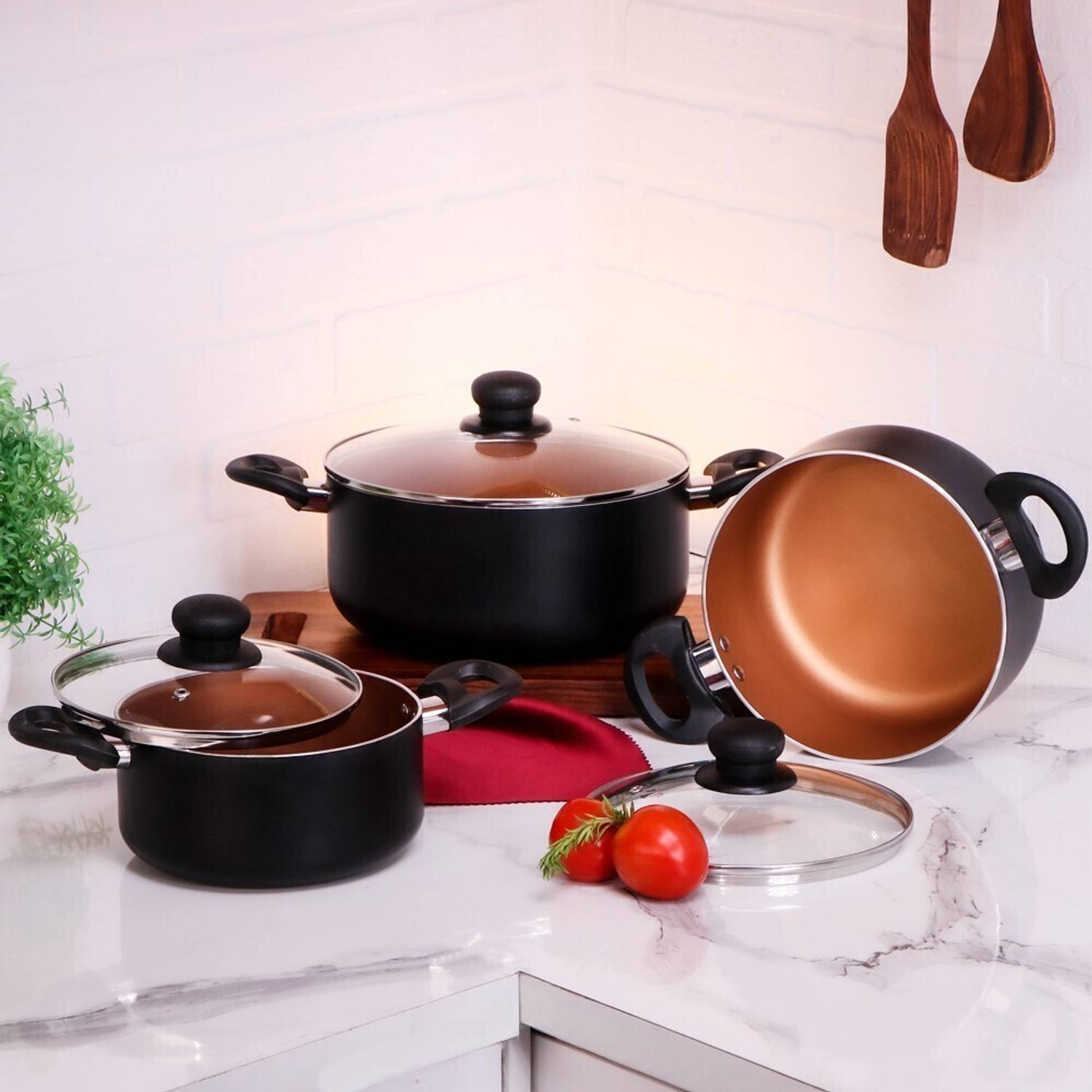 Flipkart SmartBuy 3 Piece Non-Stick Combo set of Biryani/vegitable Cookware set with Glass Lid Induction Bottom Non-Stick Coated Cookware Set — Fry Pans & Cookware Sets