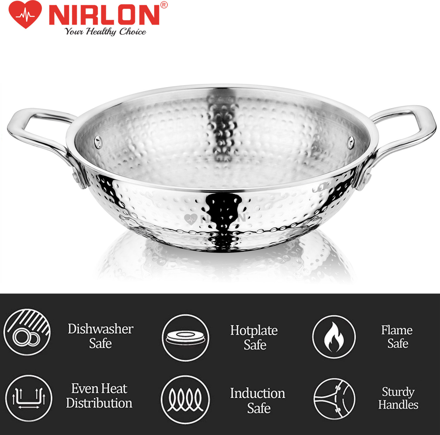 Image of NIRLON Hammered Triply Steel Cookware Kadai-Wok-Kadhai Set of 2 18cm-1.2L|26cm-3.5L Induction Bottom Cookware Set