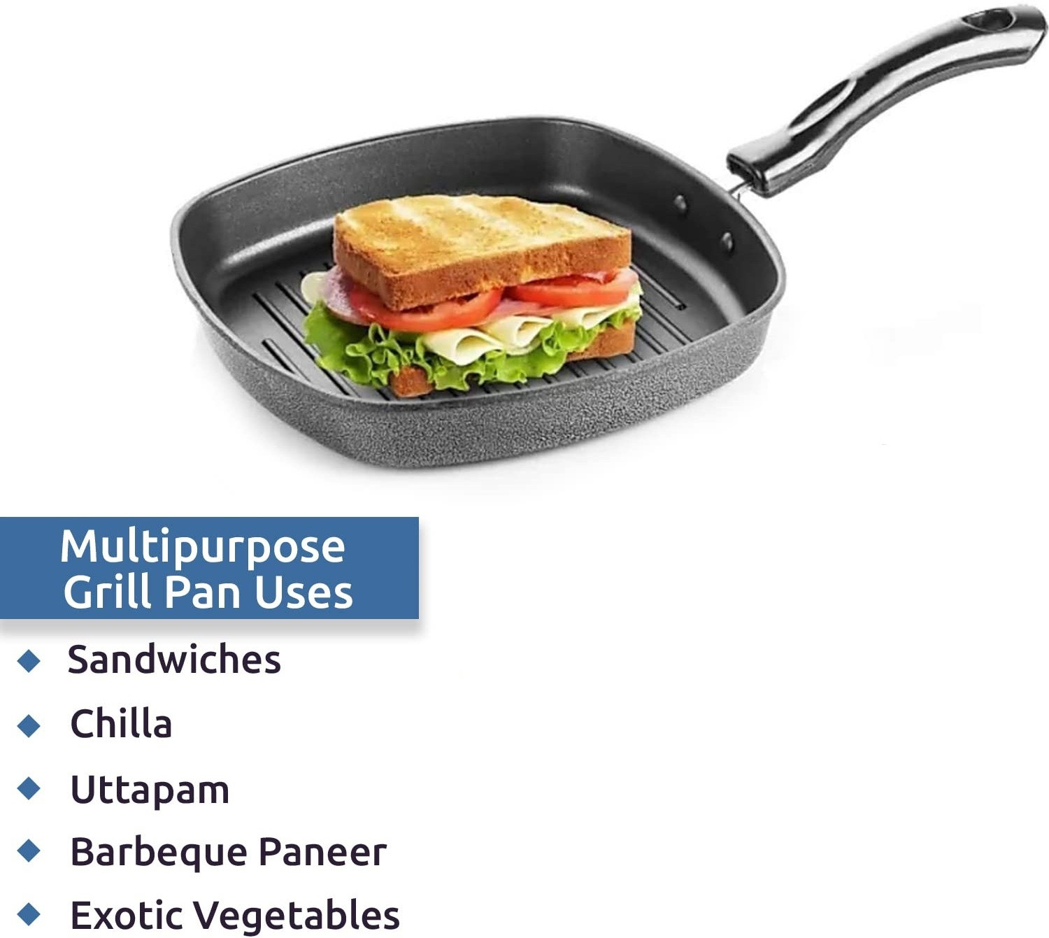 Image of Masox Store Classic Nonstick Grill Tawa Gas Stove Compatible Sandwich Pan with Handle K3 Grill Pan 22.5 cm diameter 1 L capacity (Aluminium, Non-stick)