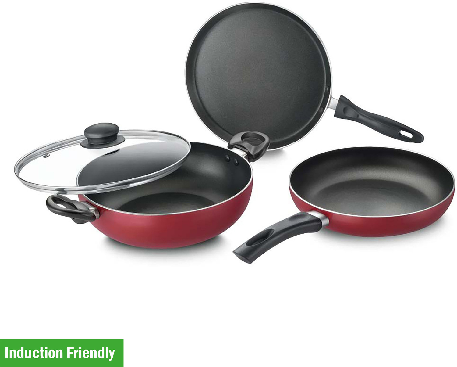 Image of Prestige Omega Deluxe Plus BYK Set of 3-Tawa, Fry Pan & Kadai with Glass Lid Induction Bottom Non-Stick Coated Cookware Set
