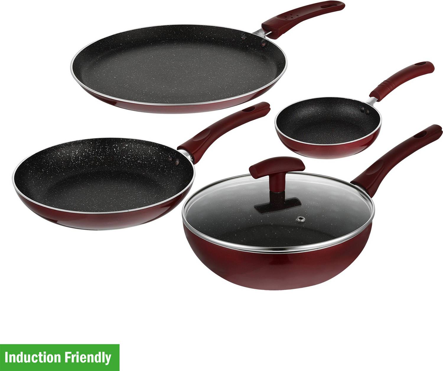 BERGNER Bergner Amarone 5 Pcs Cookware Set (Wok-24 Cm, Frypan-24 Cm, Tawa-25 Cm, Mini Pan-14 Cm) Induction Bottom Non-Stick Coated Cookware Set
