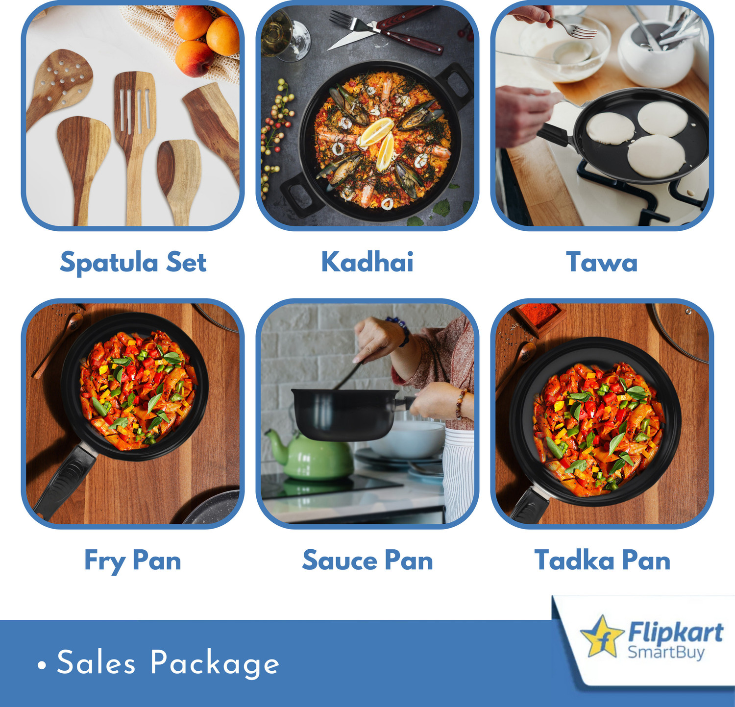 Image of Flipkart SmartBuy Set of Kadhai, Tawa, Fry Pan, Sauce Pan, Tadka Pan & 5 Wooden Spatula 09 | Induction Bottom Non-Stick Coated Cookware Set