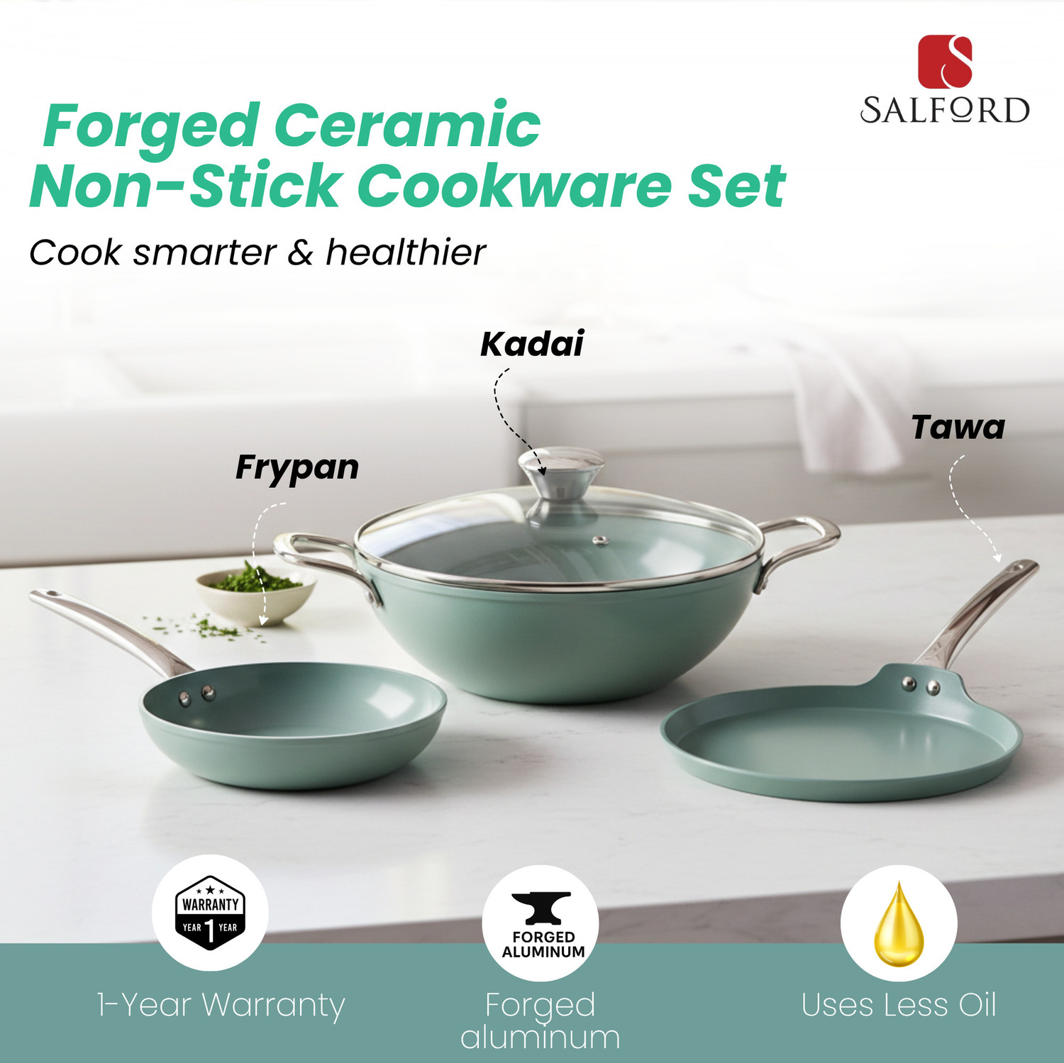 Image of Salford Forged Ceramic Non-Stick Set of 3 | Green | Induction Bottom Non-Stick Coated Cookware Set