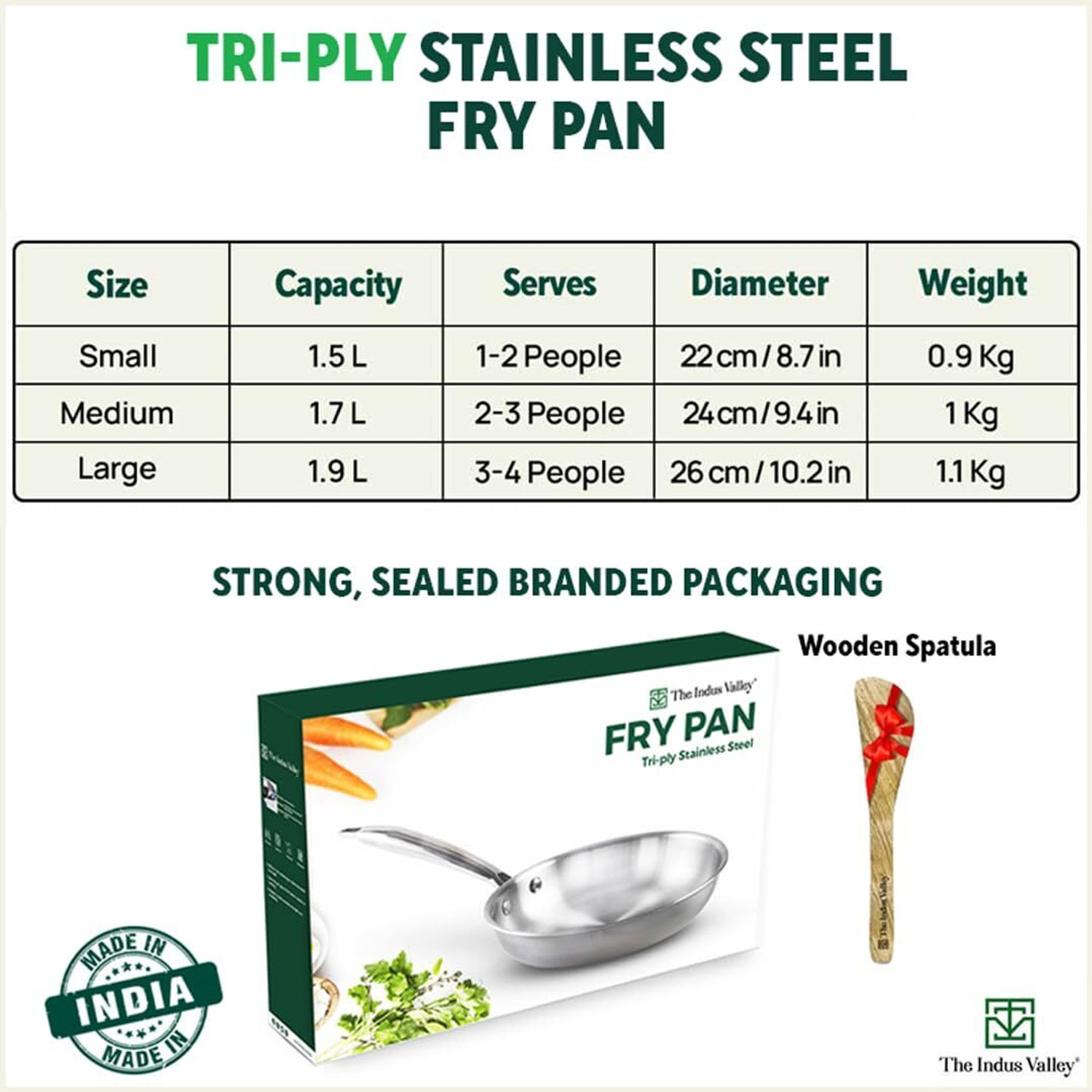 Image of The Indus Valley Triply Stainless Steel Fry Pan with Free Wooden Spatula | 26cm /10.2 inch, 1.9Ltr Induction Bottom Cookware Set